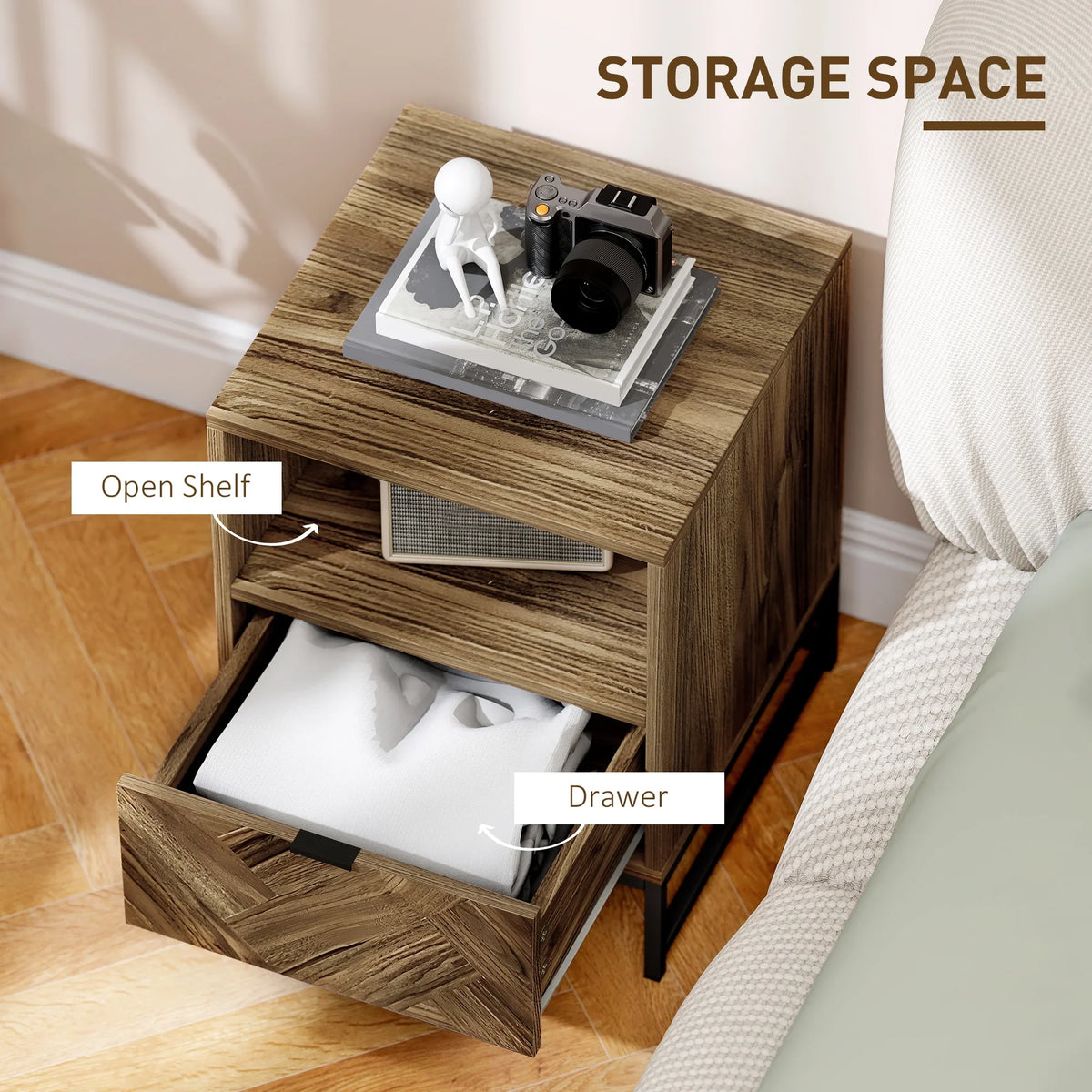 Top view of brown wood-effect end table showing open shelf and pull-out drawer