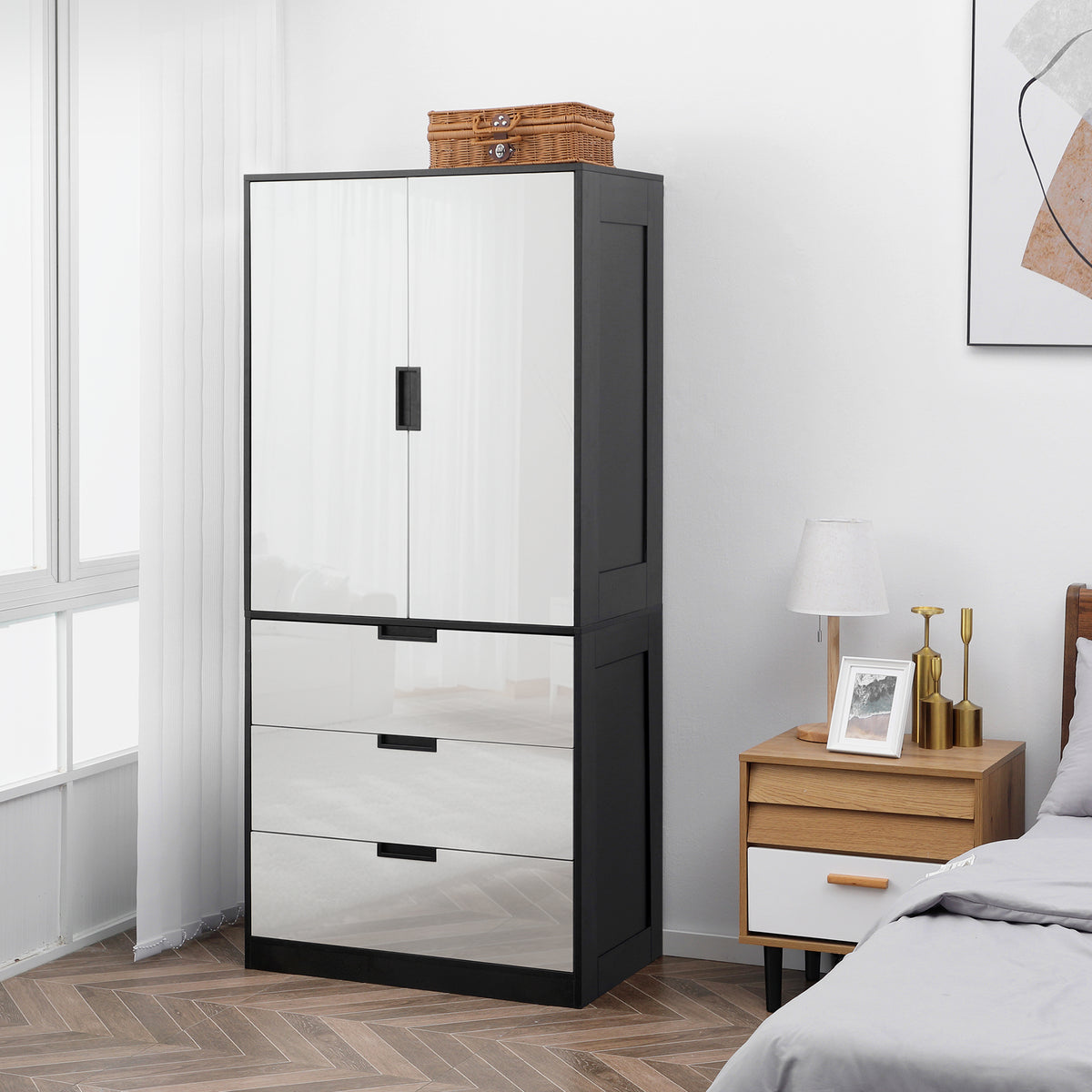 High-gloss white wardrobe with black accents, two doors and three drawer fronts