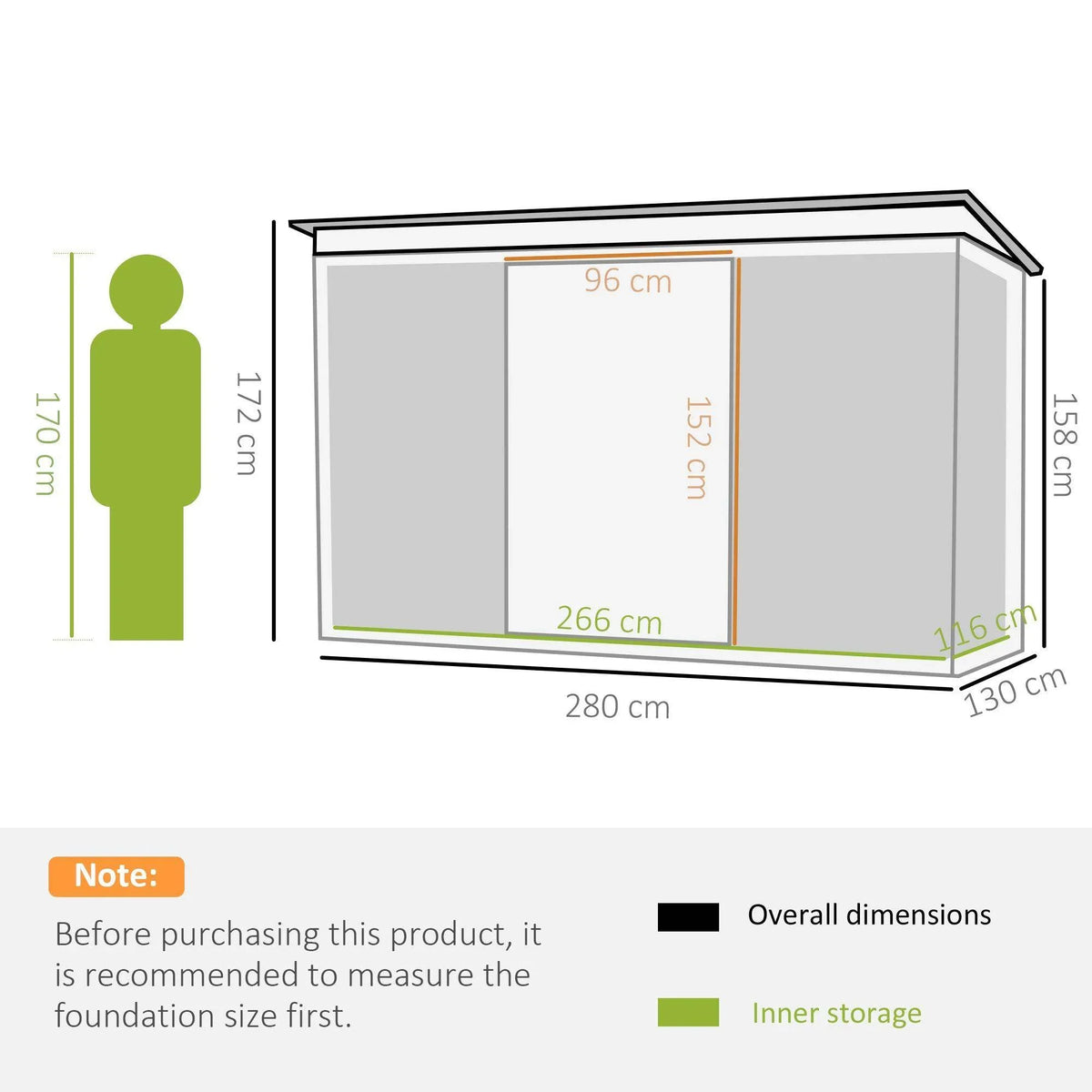 Outdoor storage shed dimensions diagram with overall measurements and inner storage layout