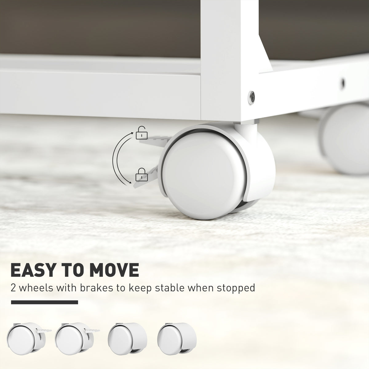 White laptop side table with locking caster wheels for stable rolling