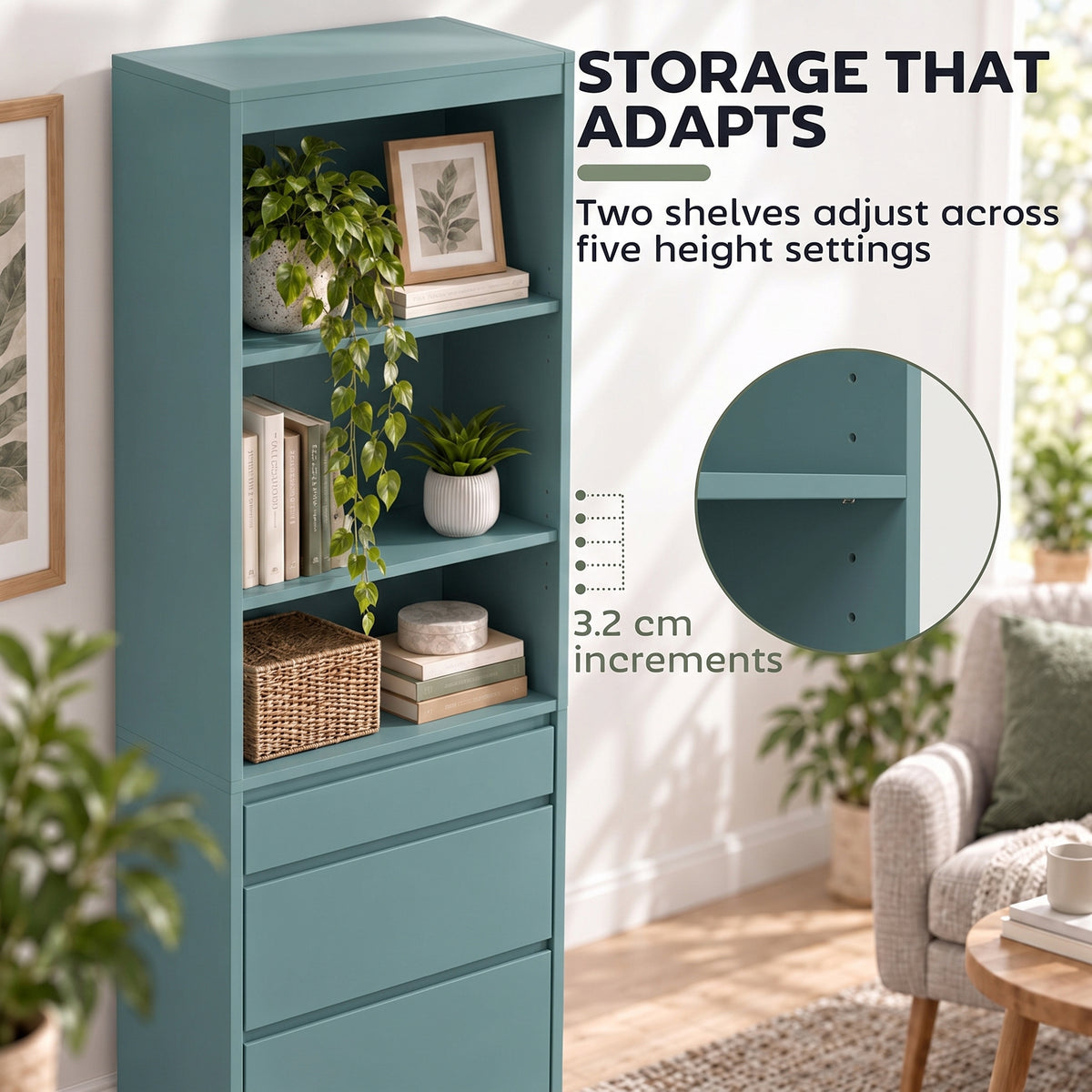 Light green narrow bookcase with open shelving and three drawer compartments