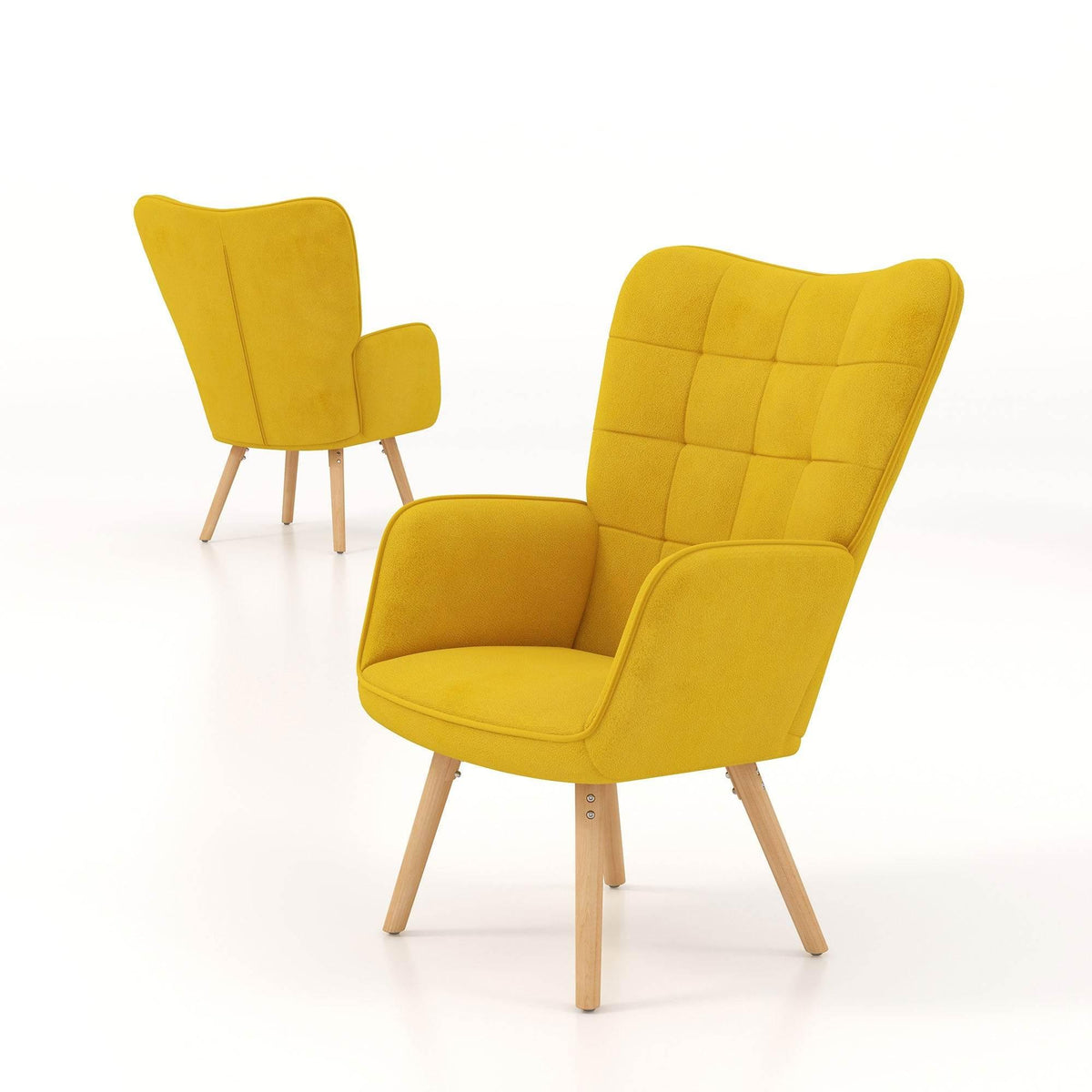 Set of 2 yellow upholstered wingback armchairs with diamond tufted backs and wood legs