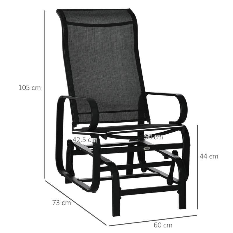 Black outdoor gliding rocking chair with mesh back and armrests, shown with dimensions