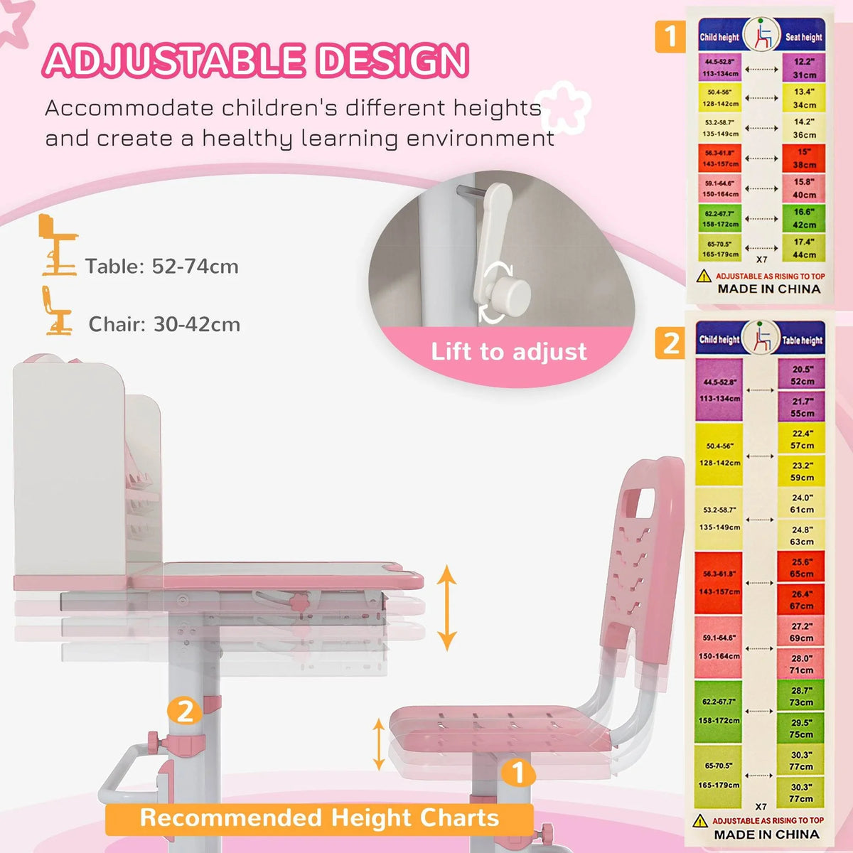 Pink height-adjustable kids study chair and desk with lift-to-adjust design