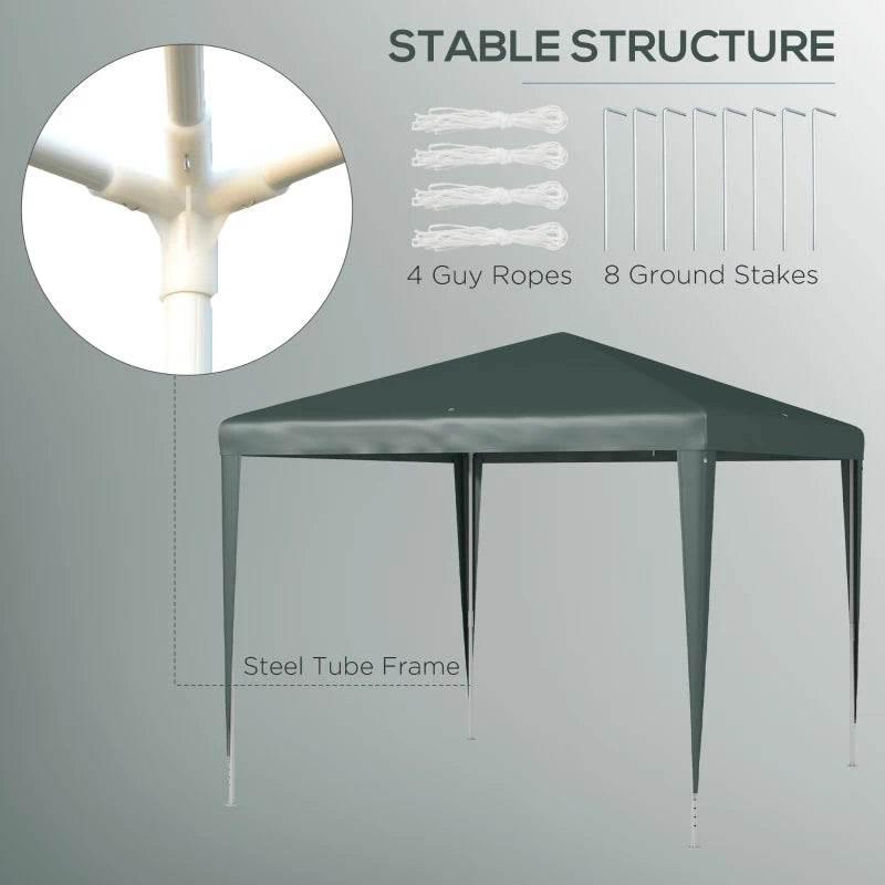 Dark green gazebo canopy with steel tube frame, ground stakes, and ropes