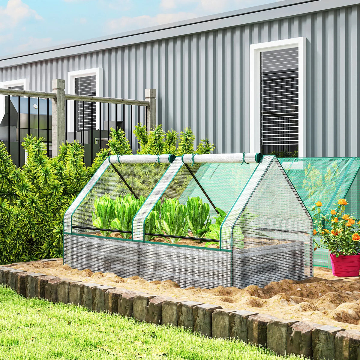 Raised garden bed planter box with greenhouse cover, dark gray metal frame and green mesh