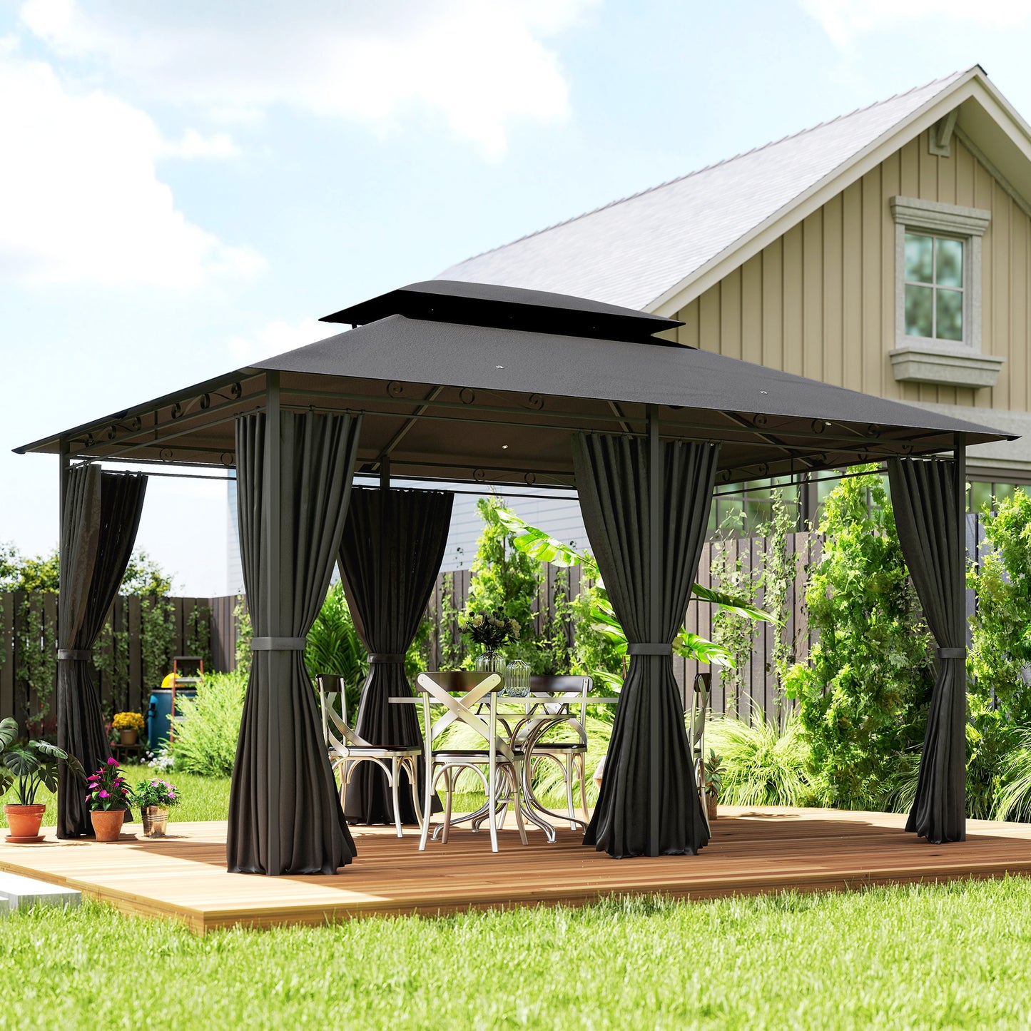 Outsunny 3x4m Steel Gazebo With UV Resistant Curtains Black Outdoor Party Shelter Two Tier Roof Ground Stakes