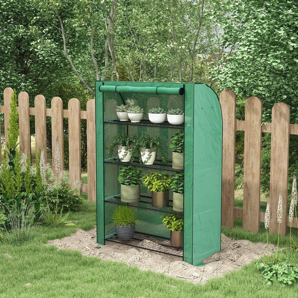 Green 4-tier mini greenhouse with wire shelves and roll-up side door