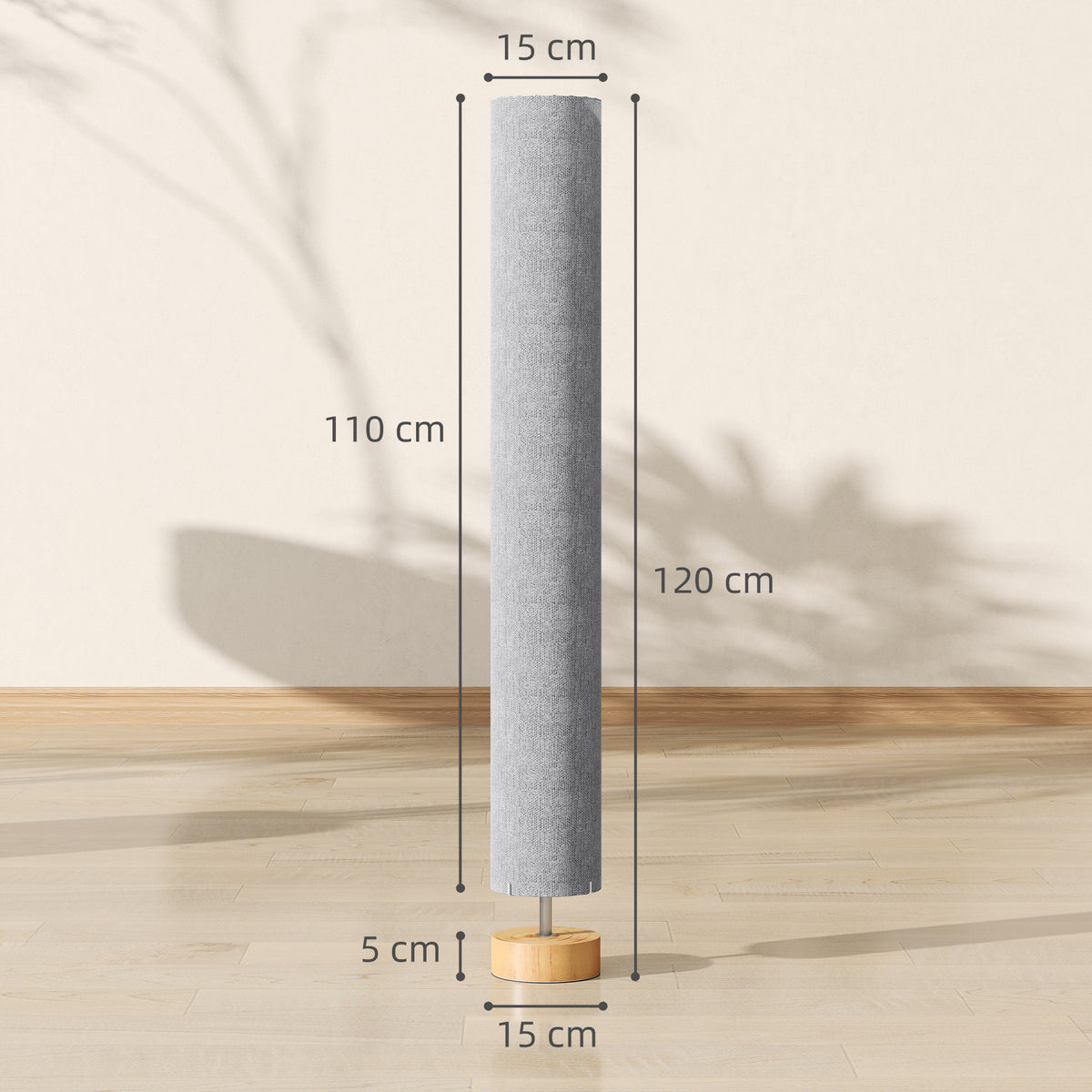 Tall grey fabric floor lamp shade with round wooden base, height shown