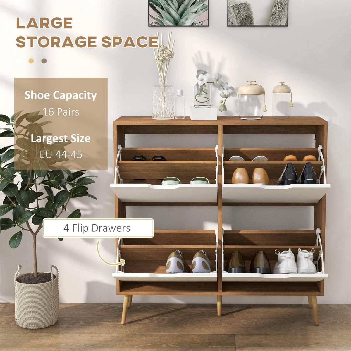 Open shoe cabinet with four flip drawers, interior shelves holding several pairs of shoes