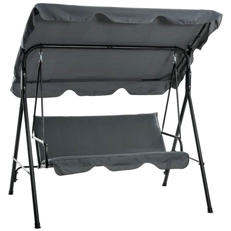 Grey 3-seat garden swing chair with adjustable canopy and cushioned seat and back