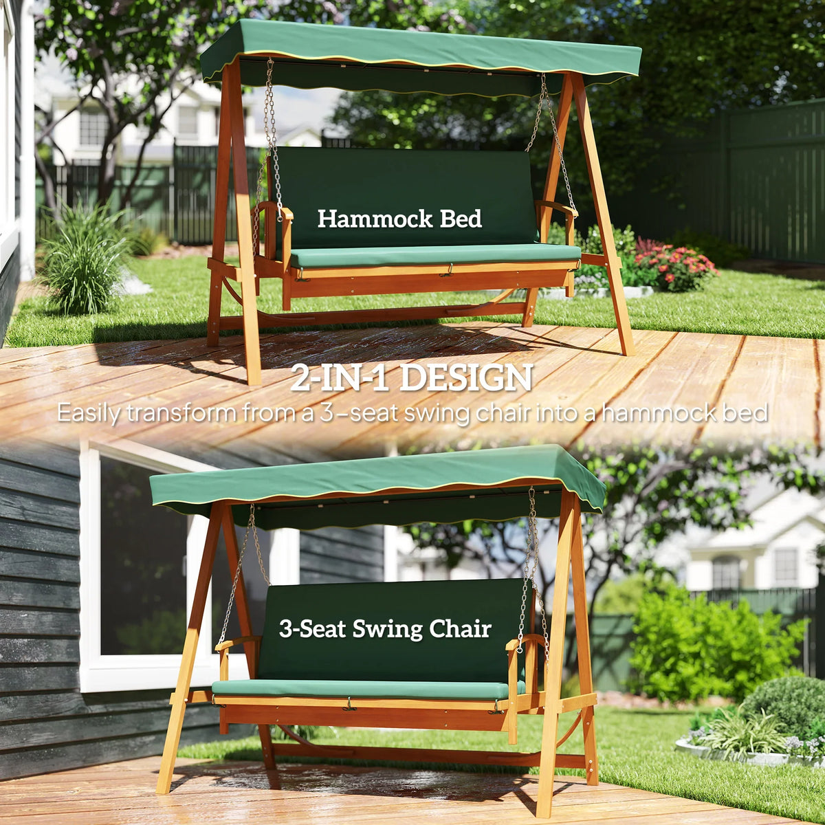 Convertible hammock bench swing seat with dark green cushions and wooden A-frame