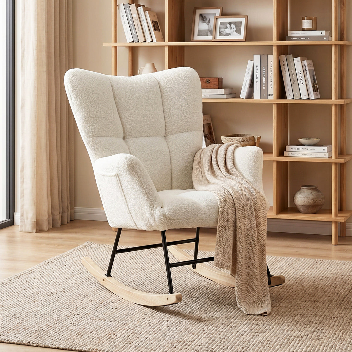 Cream teddy-fleece rocking chair with tufted wingback and curved wooden rocker base