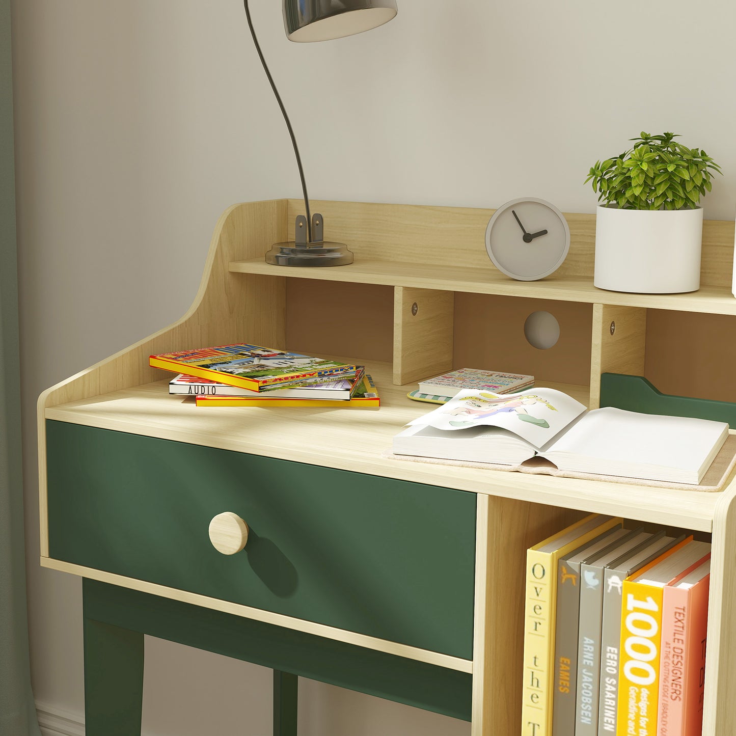 AIYAPLAY Kids Desk and Chair Set with Storage Shelves and Drawer in Green for Homework and Creative Play