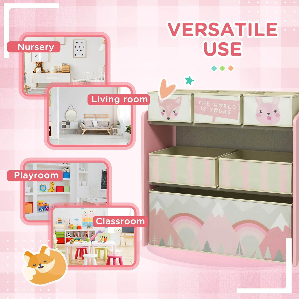Pink kids storage shelf with fabric bin compartments for toys and books