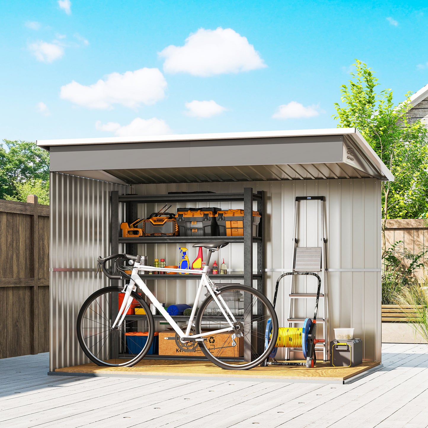 Outsunny 8.5 x 6ft Galvanised Steel Storage Shed With Foundation Kit Window Lockable Wide Doors Light Grey