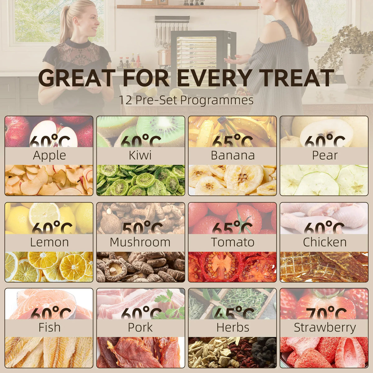 Food dehydrator temperature preset guide with multiple fruit, vegetable, and meat settings