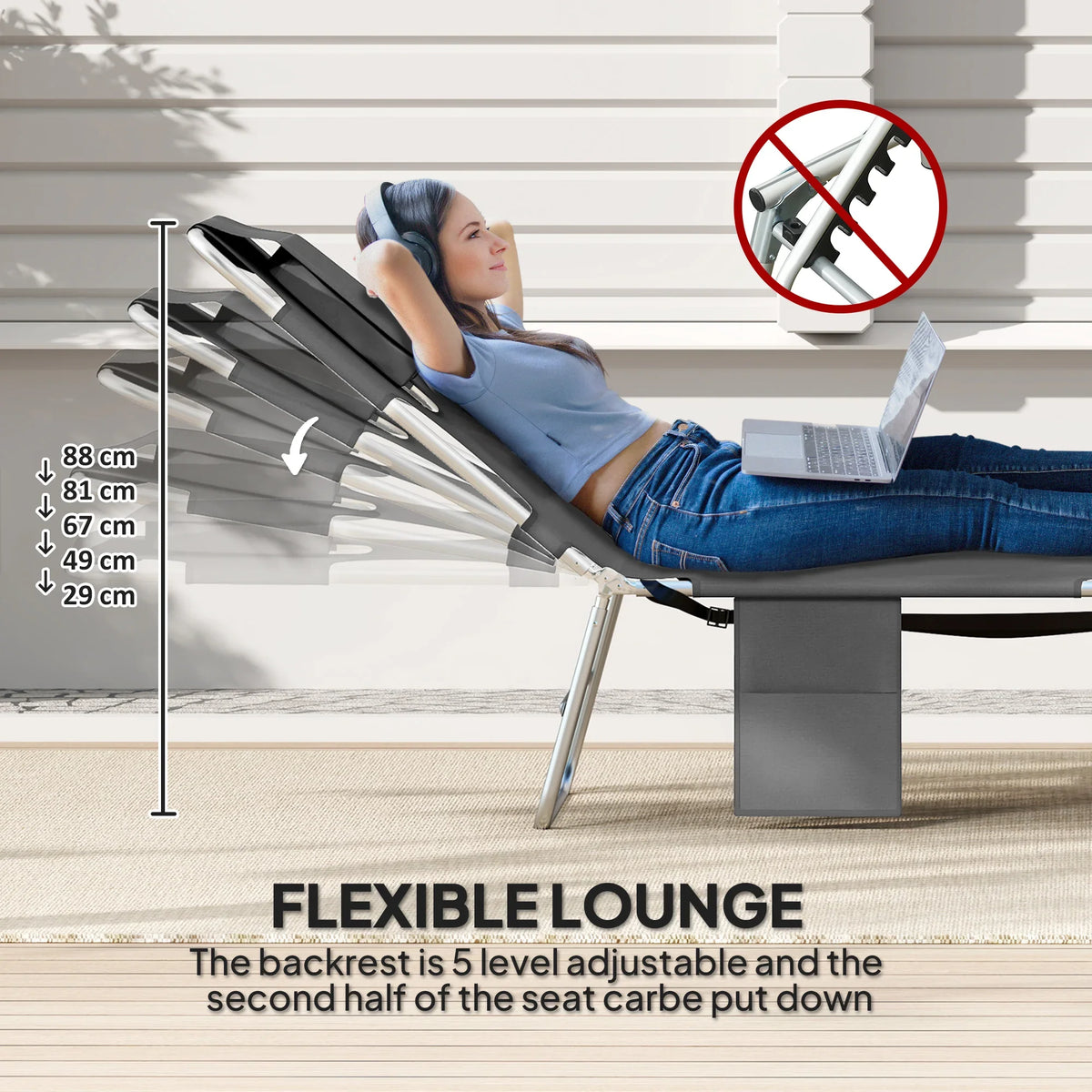 Foldable sun lounger with 5-level adjustable backrest and reading cutout