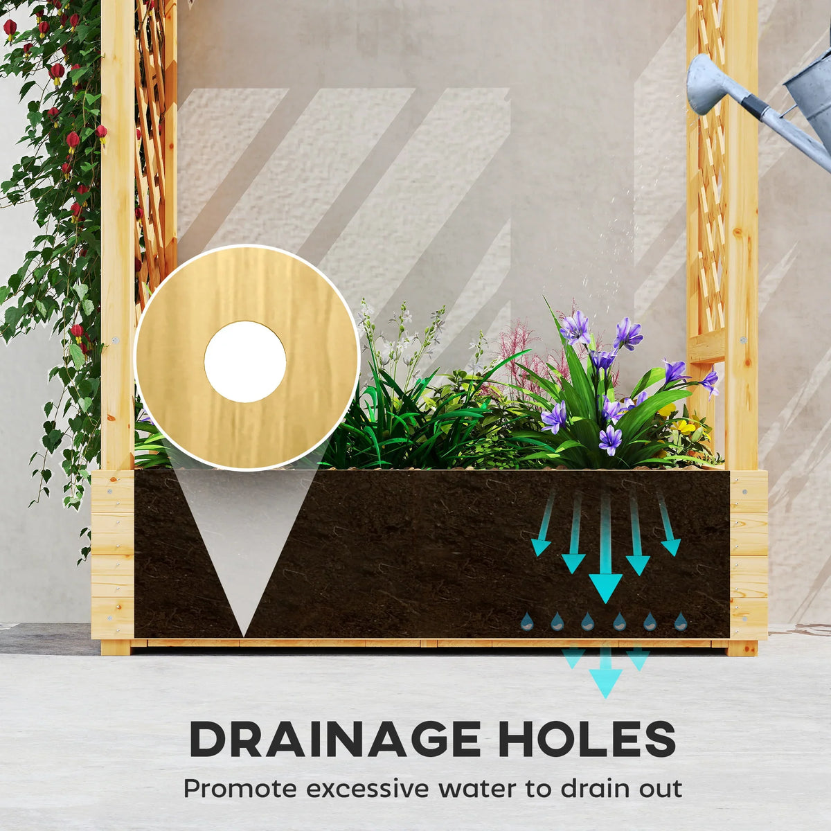 Wooden raised planter showing drainage holes beneath the planting bed