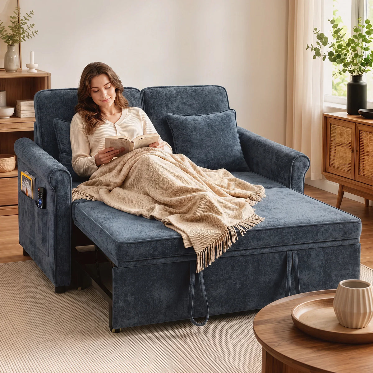 Dark blue chenille sofa bed with three seat cushions and armrests, draped with blanket
