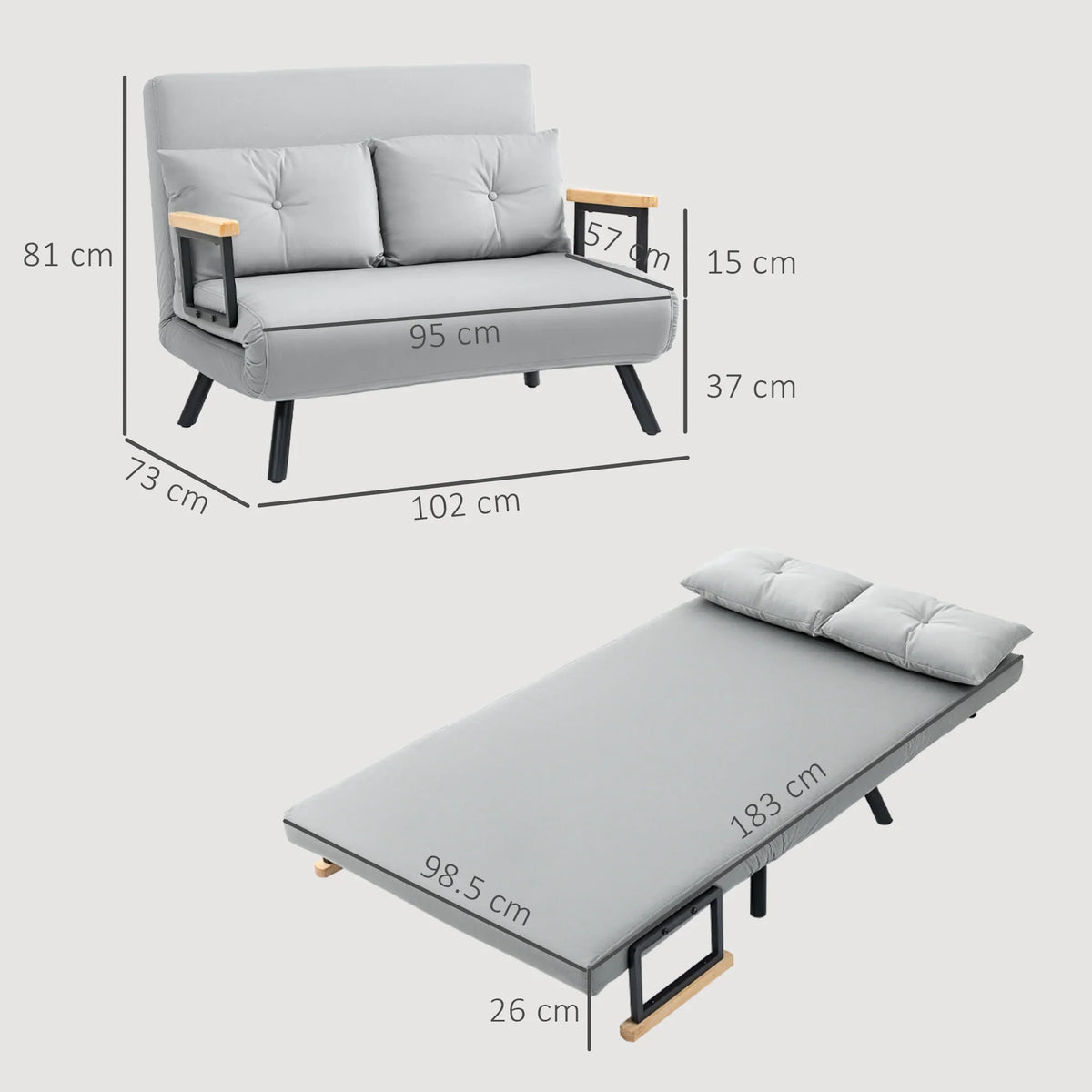 Light grey sofa bed laid open as a bed, thick mattress with wooden armrests