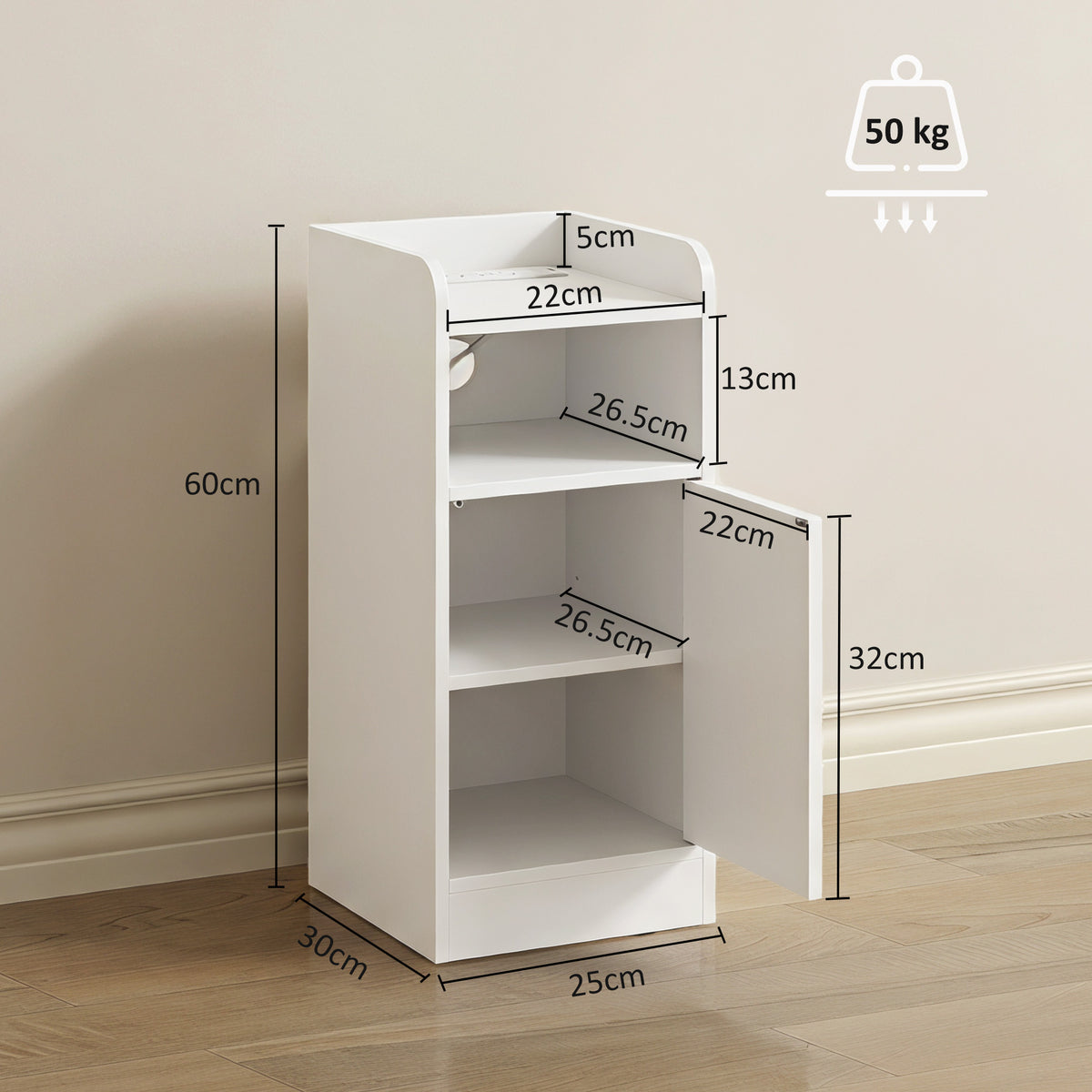 White slim bedside table with adjustable inner shelf and open storage compartments