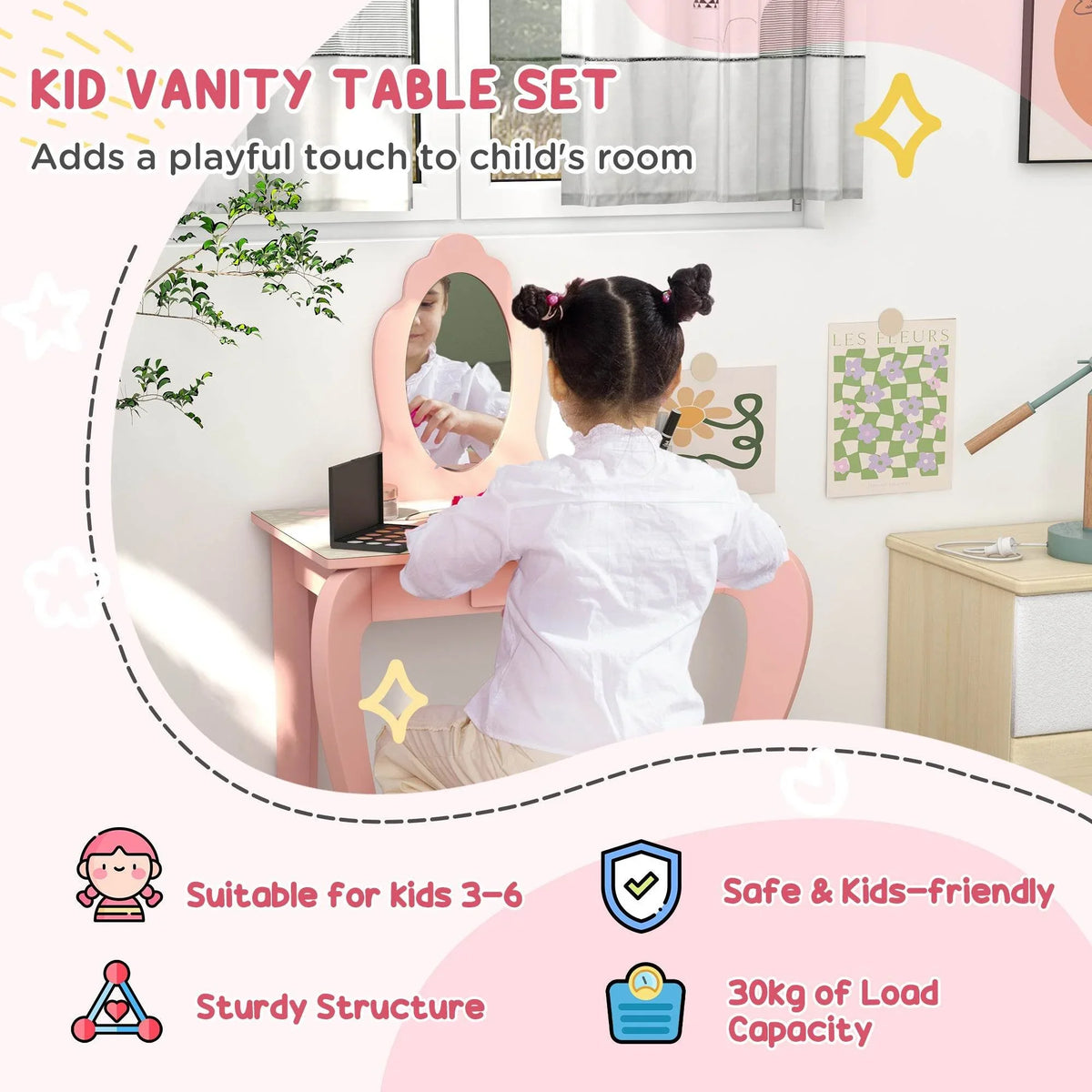Pink kid vanity table with oval mirror and chair, for pretend play.