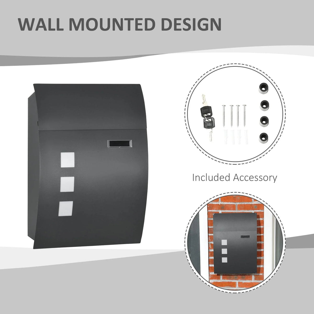 Anthracite wall mailbox front with frosted windows and included mounting accessories