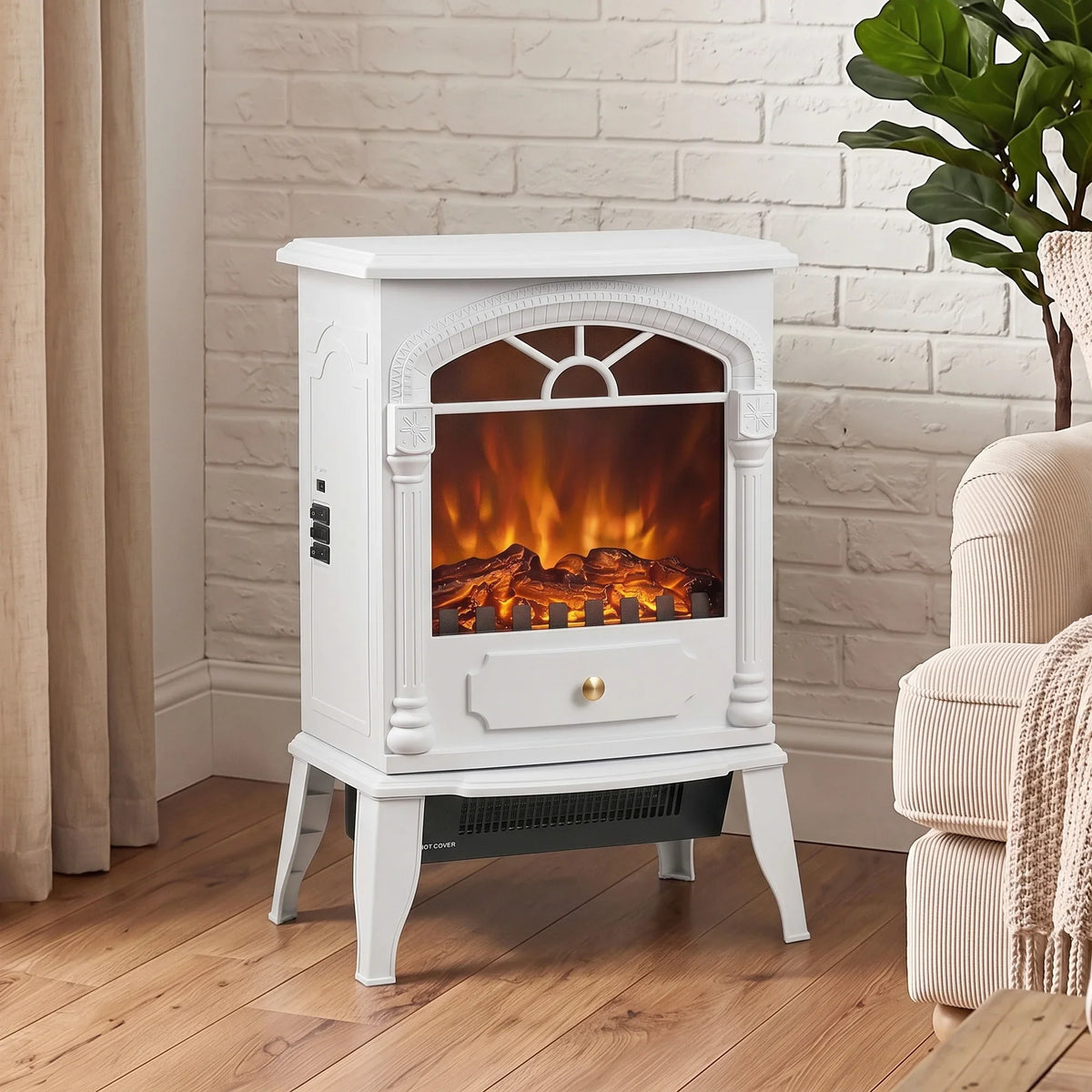 White freestanding electric fireplace with arched flame window and ember bed