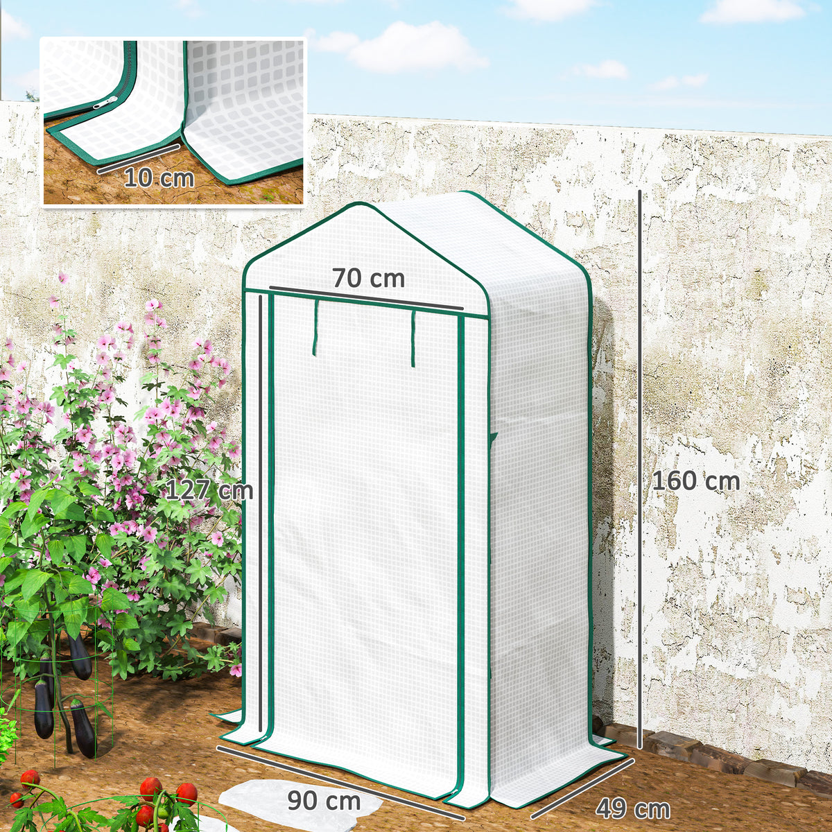 Four-tier mini portable greenhouse, front view with green frame and white plastic cover