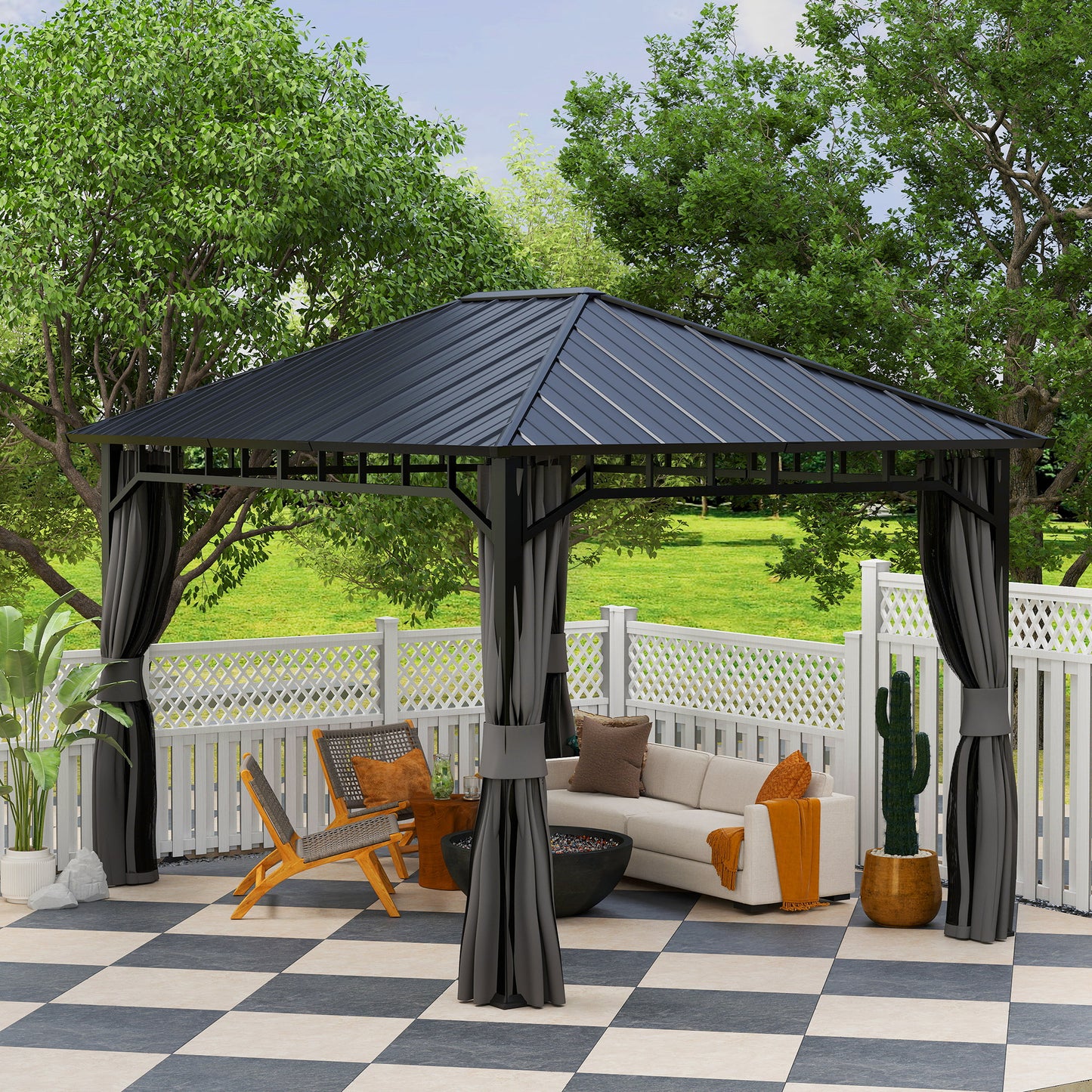 Outsunny 3 x 4m Hardtop Gazebo With Galvanised Steel Roof Water Gutter Waterproof Pavilion For Patio And Deck Netting
