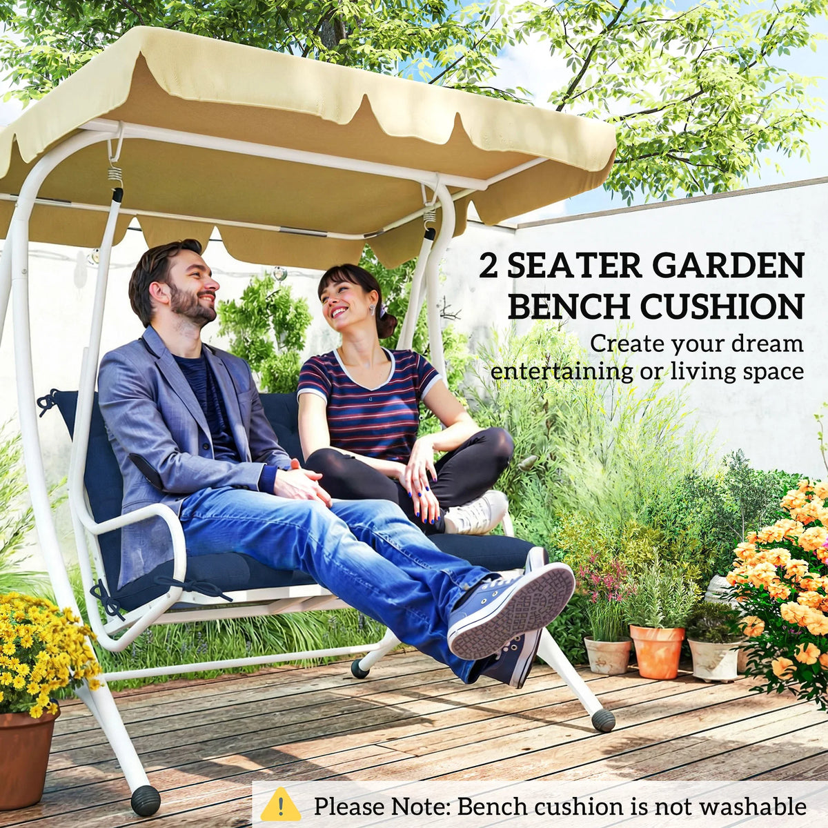 Dark blue 2-seater garden bench cushion with backrest, tufted upholstery