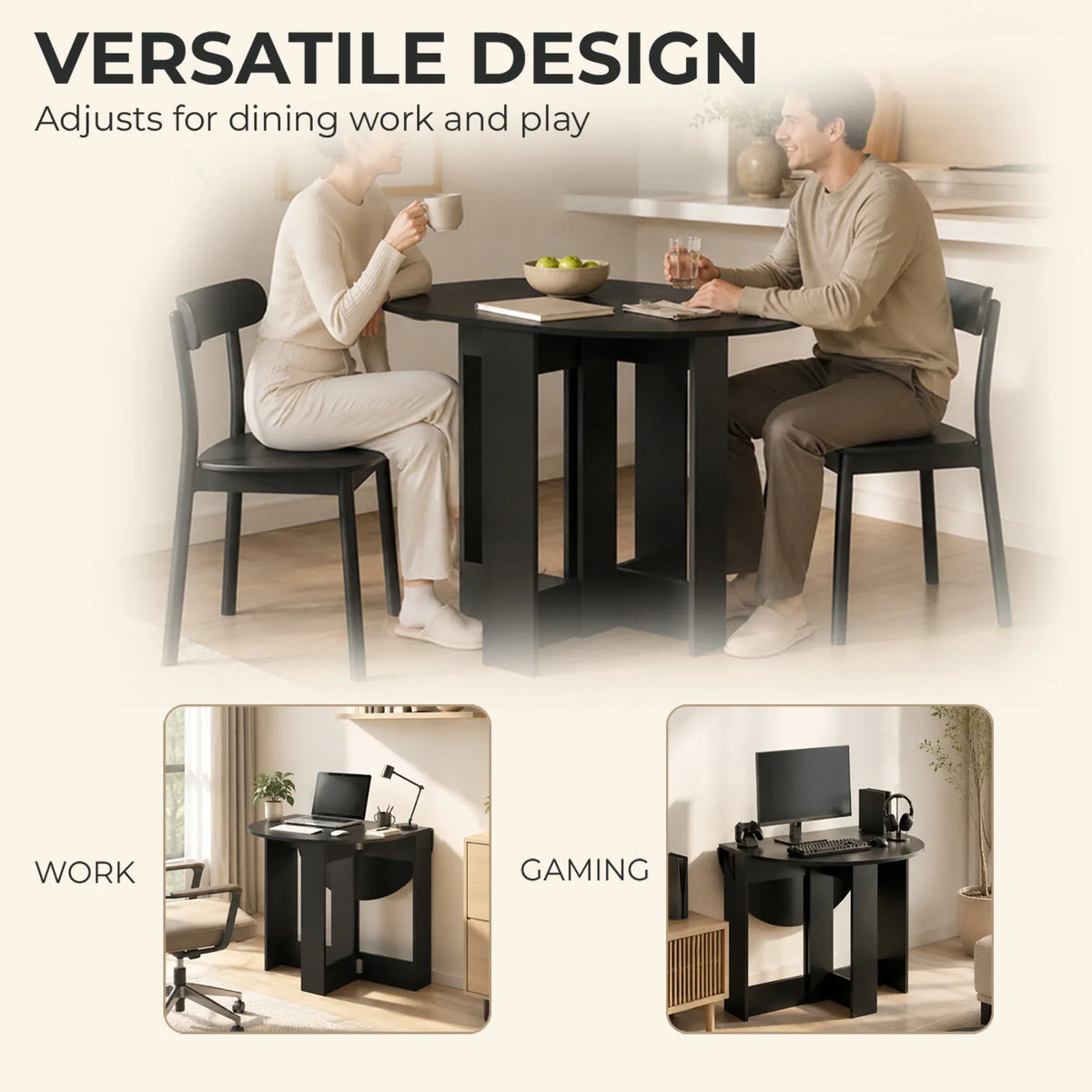 Black drop-leaf table with oval top and matching chairs for small spaces