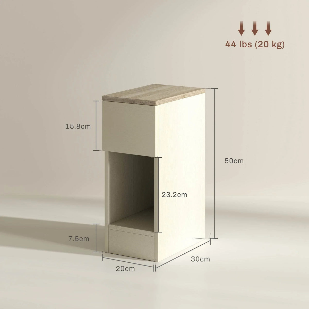 White nightstand with drawer and open side shelf, light wood top, compact design.