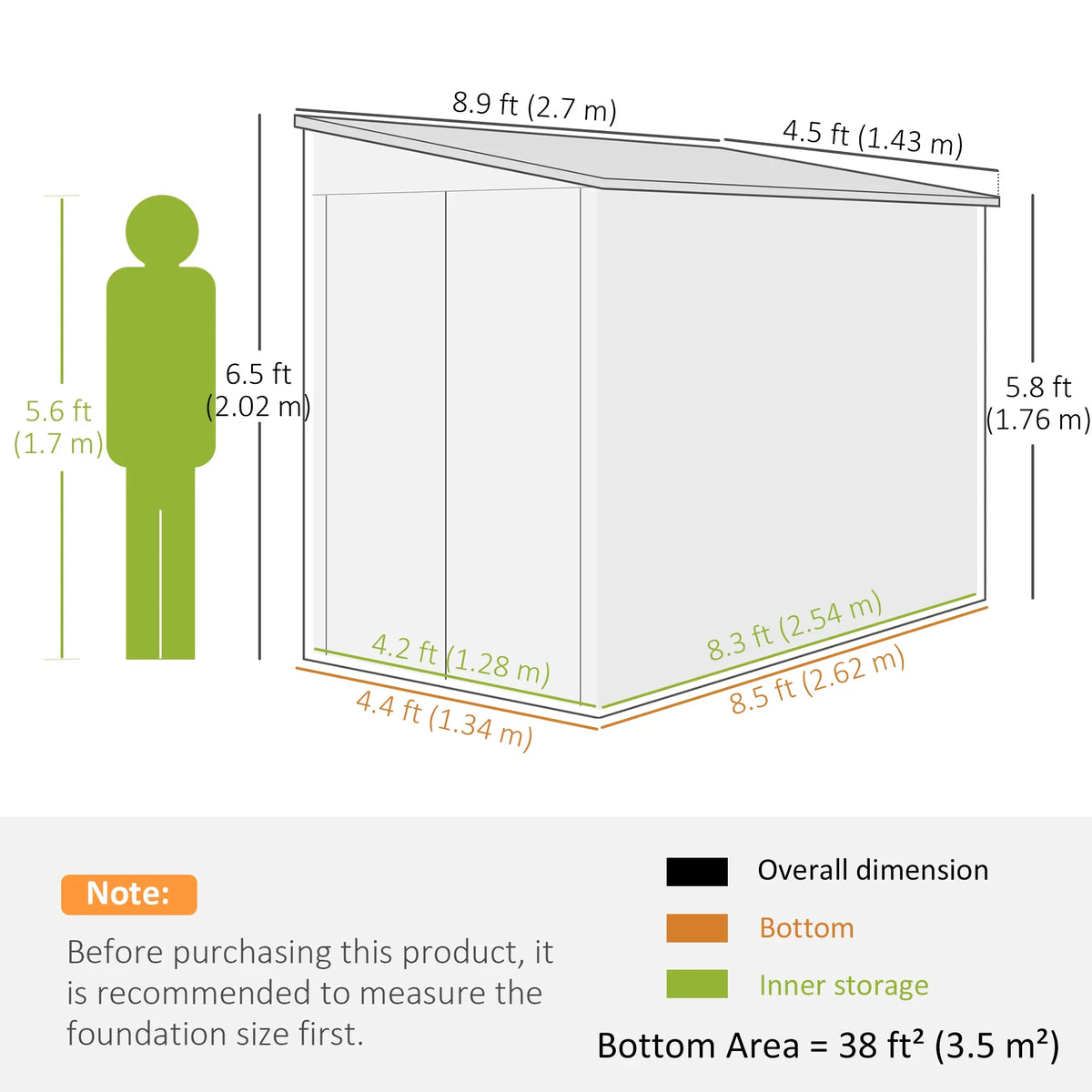 Garden shed dimension diagram with overall size and bottom area measurements