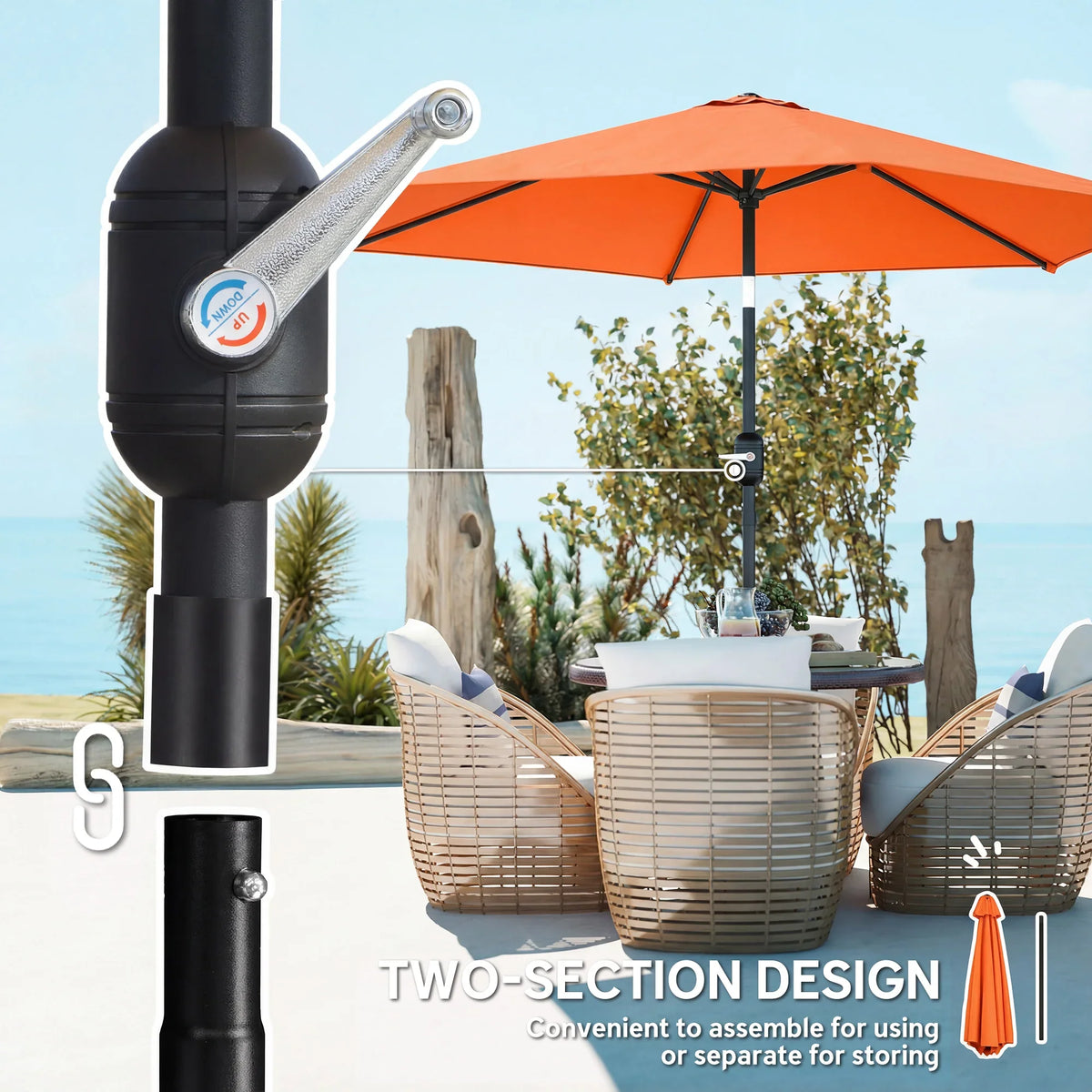 Orange patio parasol umbrella with crank arm on dark pole and two-section support design.
