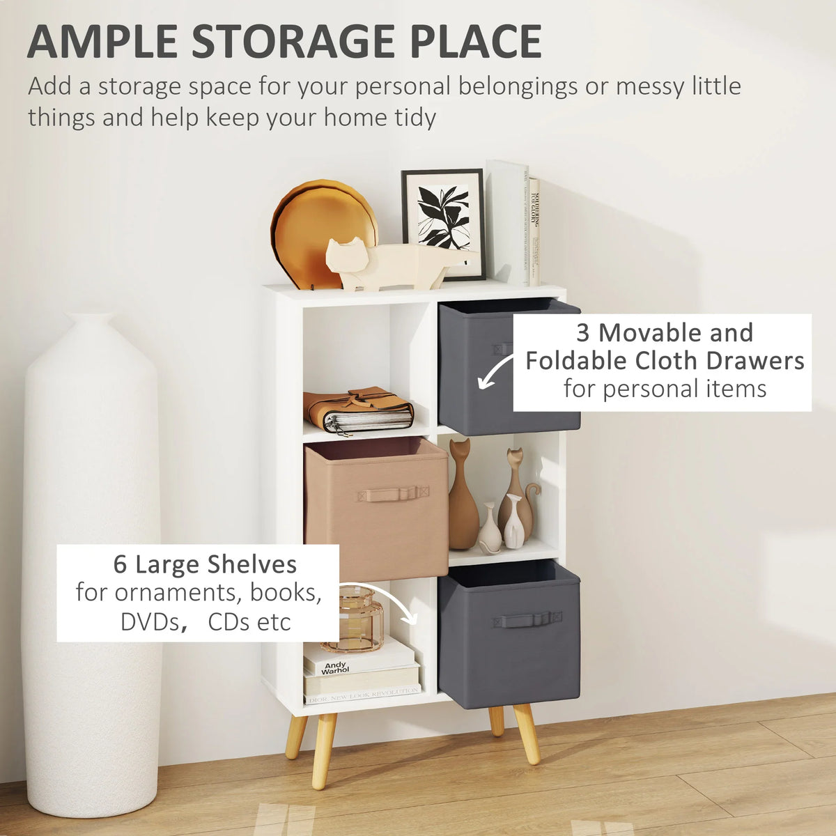 White storage cabinet with open shelves and three fabric drawers holding personal items