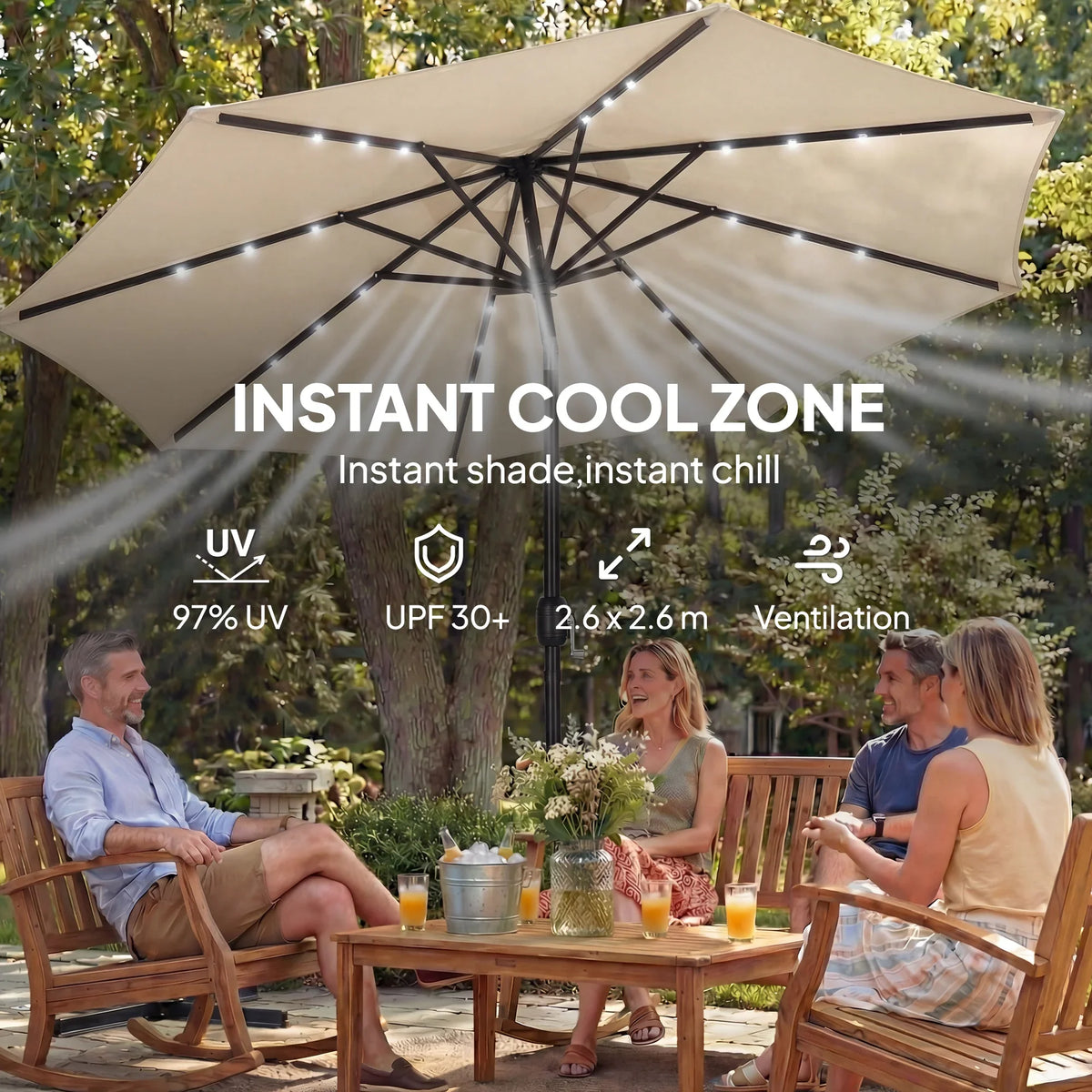 Beige outdoor patio umbrella with black rib frame and built-in LED strip lighting