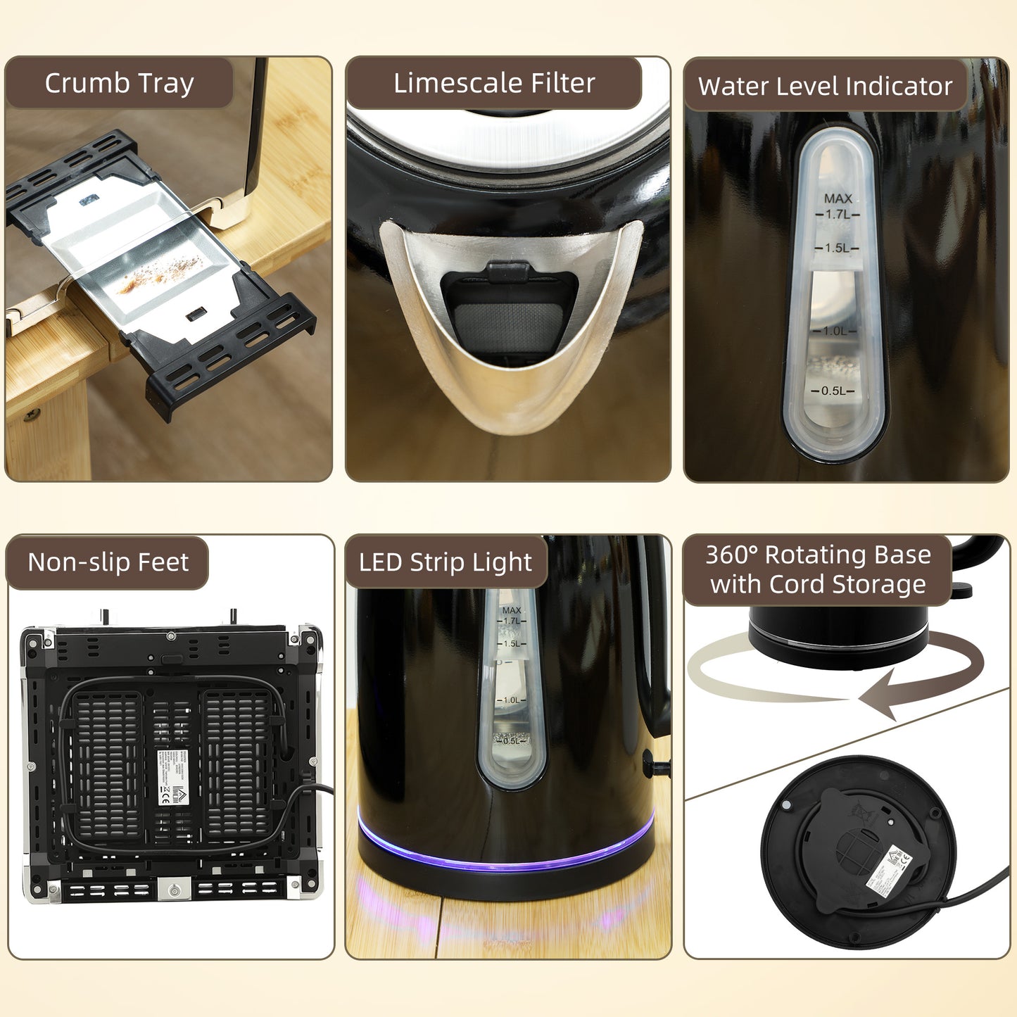 HOMCOM Kettle and Toaster Set 1.7L 3000W Rapid Boil Kettle with Limescale Filter 4 Slice Toaster LED Strip Black