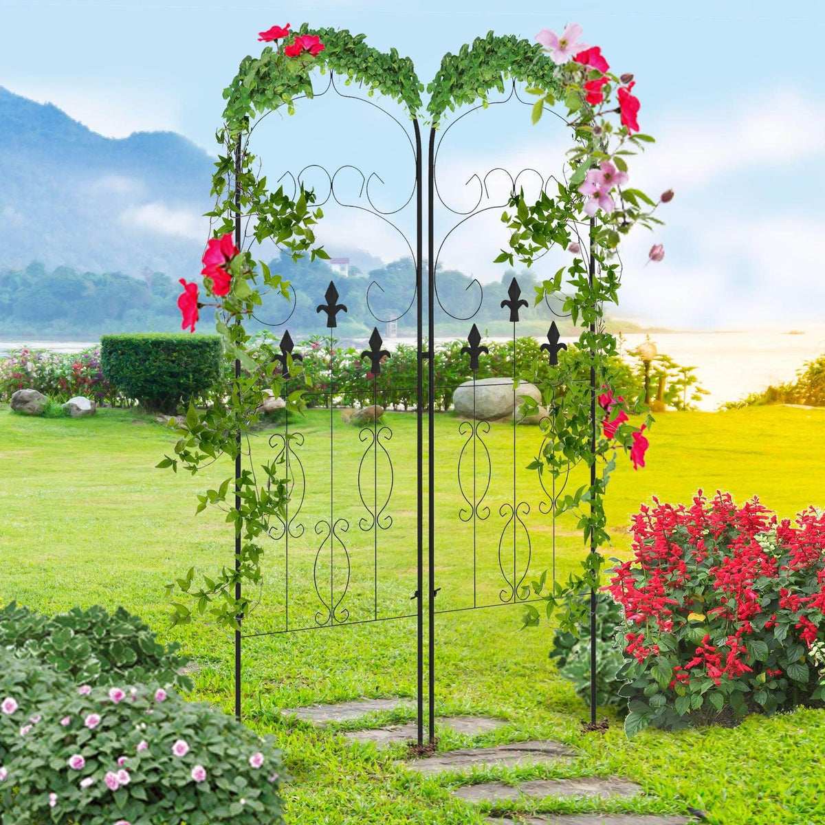Metal garden trellis set of two with black scrollwork frames and arched tops, for climbers