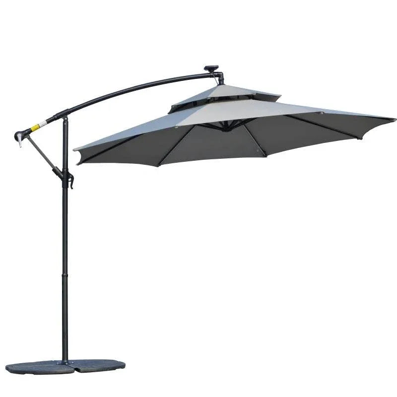 Light grey cantilever banana parasol with double canopy and cross base
