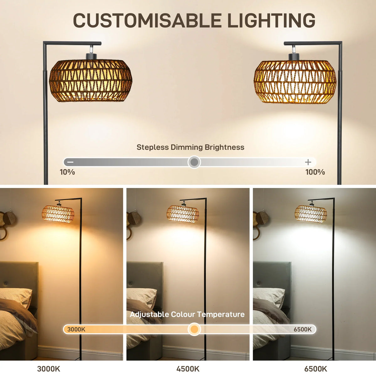 HOMCOM boho floor lamp with woven shade for dimming and adjustable color temperature
