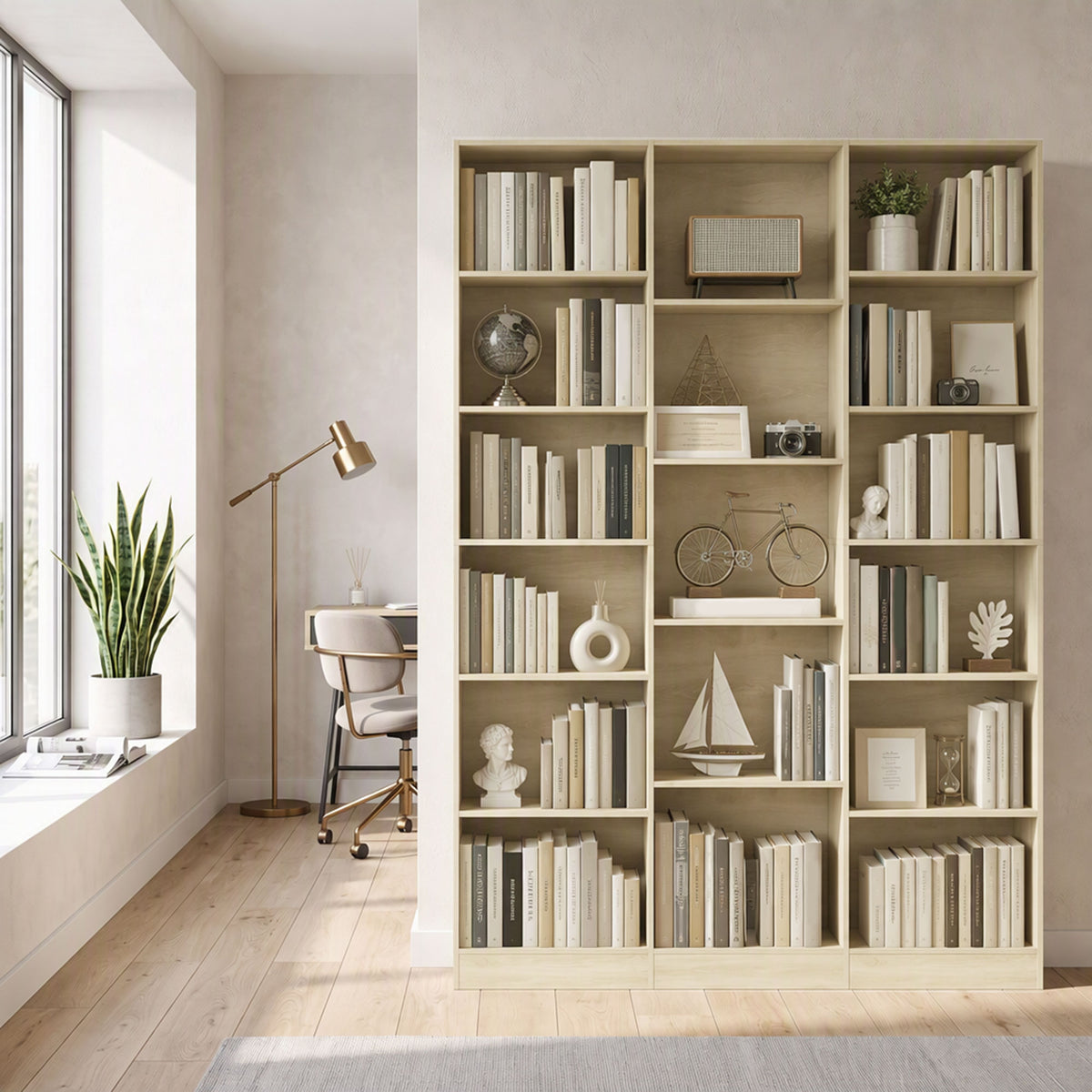 Oak 6-tier bookcase with open storage and anti-tipping hardware