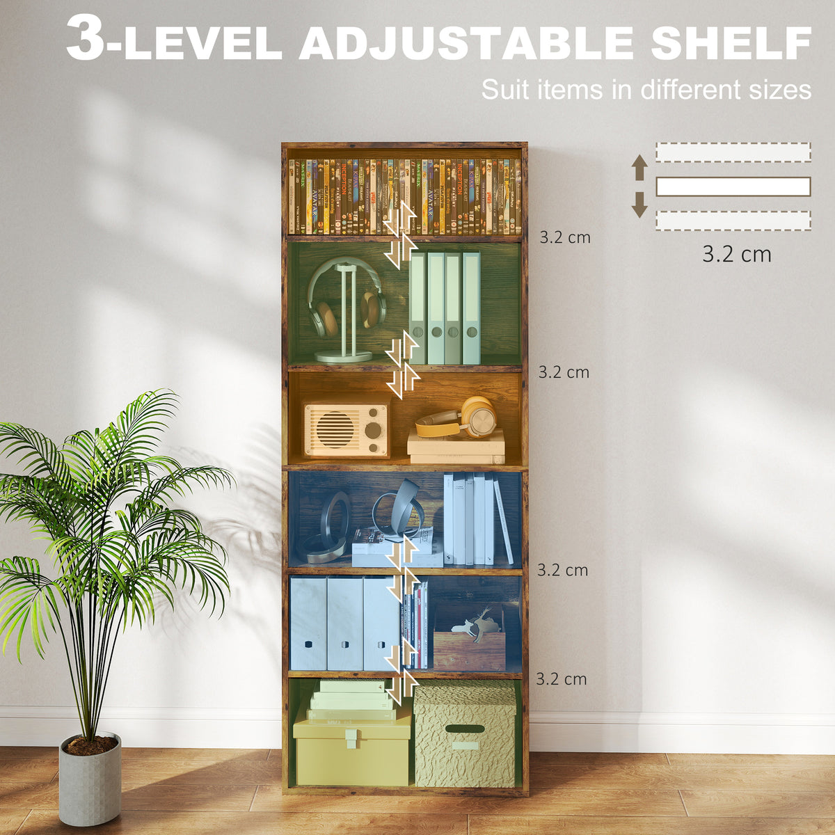 Rustic brown bookcase with six open shelves for storage bins and files