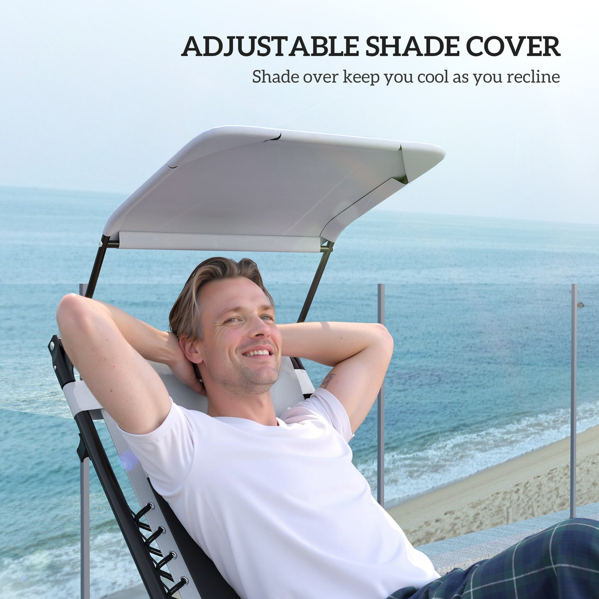 Zero-gravity patio lounge chair with adjustable shade canopy and headrest