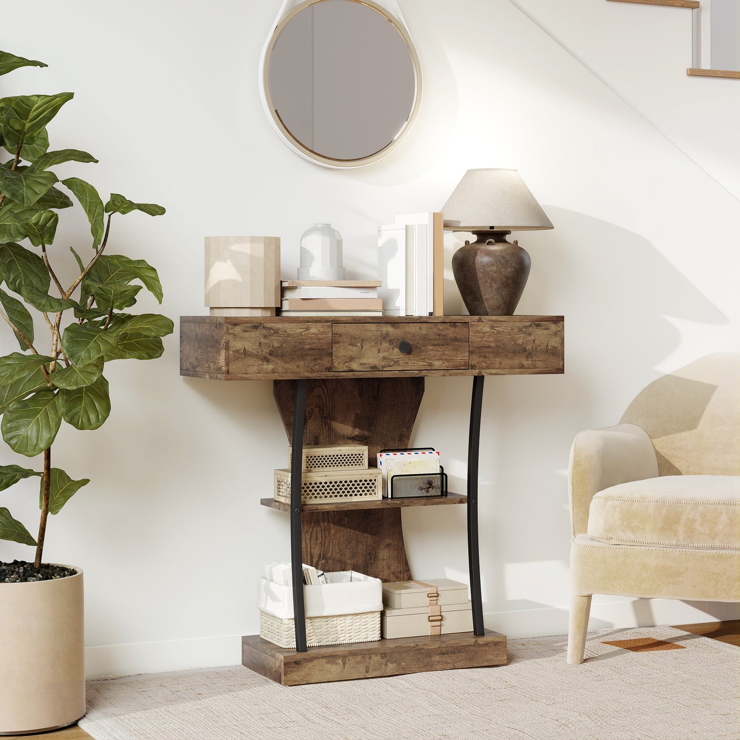 HOMCOM Console Table 3 Tier Industrial Hallway Table With Drawer And Storage Shelves Rustic Brown 91 32 87 cm
