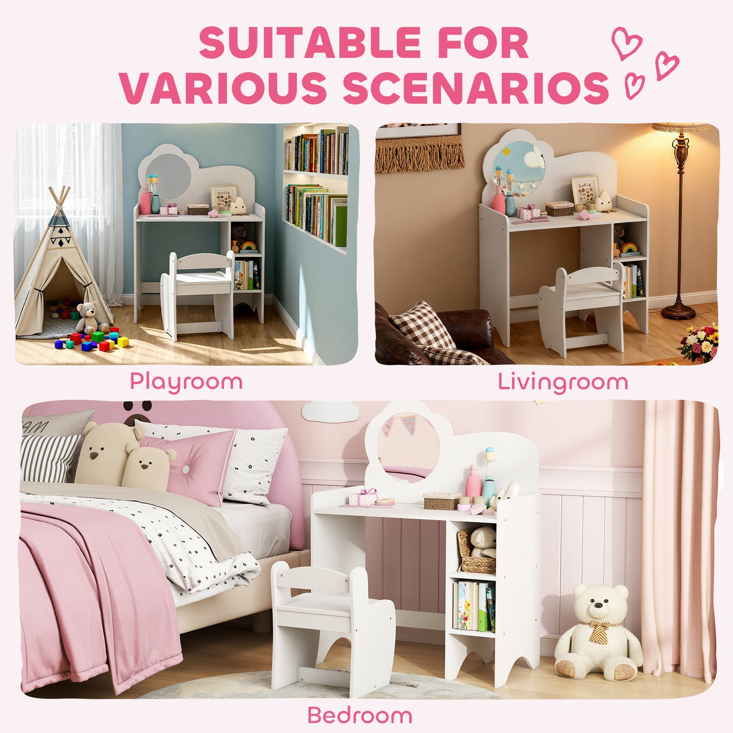 AIYAPLAY Kids Dressing Table With Mirror And Stool Vanity Table With Shelves For Ages 3 To 8 White
