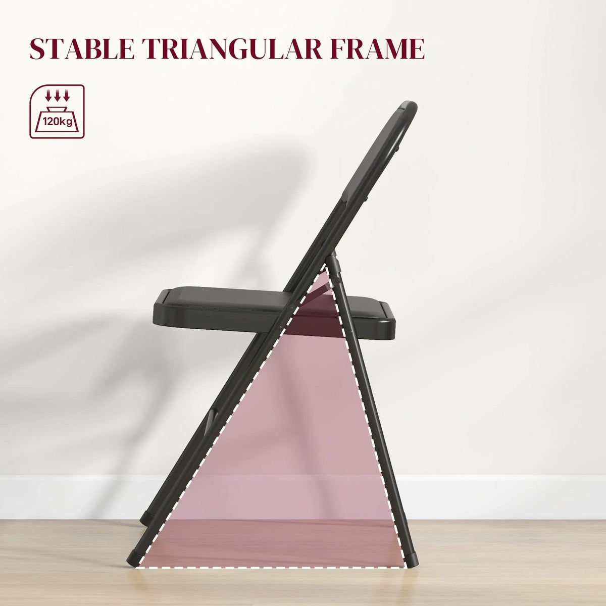 Folding chair with stable triangular frame support, black legs and backrest