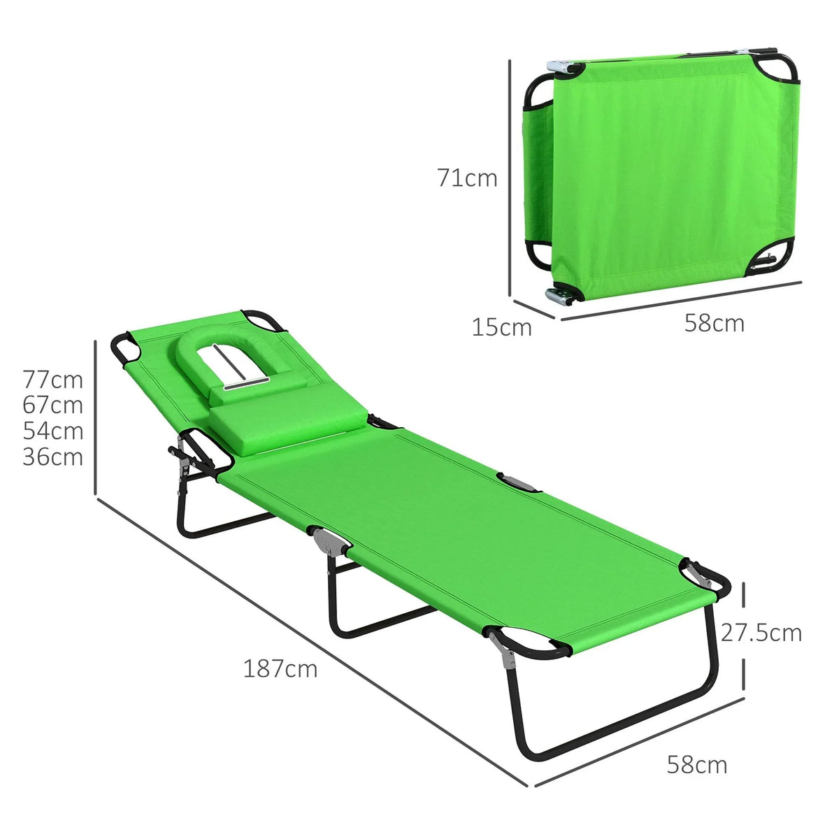 Green folding sun lounger with adjustable backrest, padded pillow and reading slot, black frame
