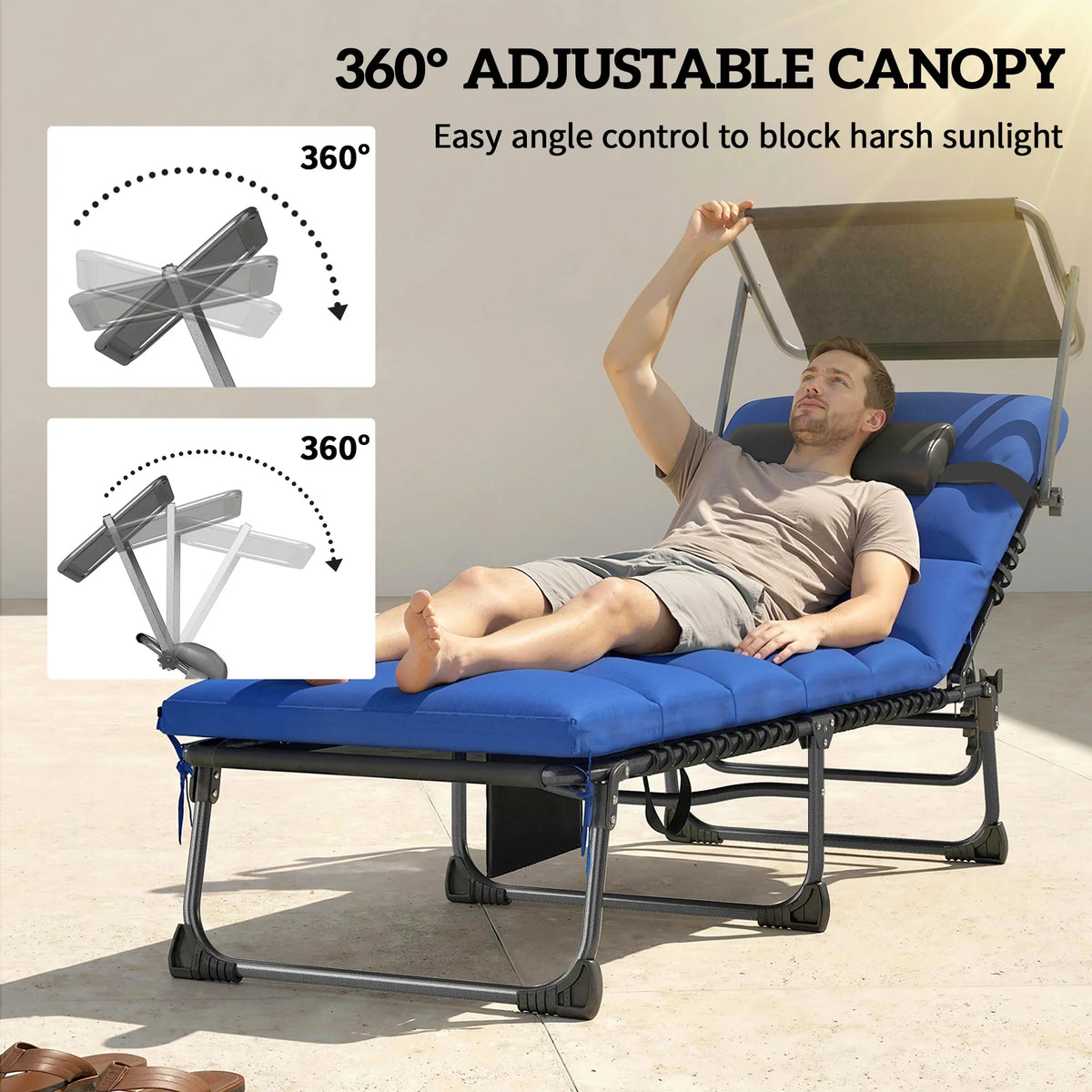 Reclining sun lounger with dark blue cushion and adjustable 360 canopy